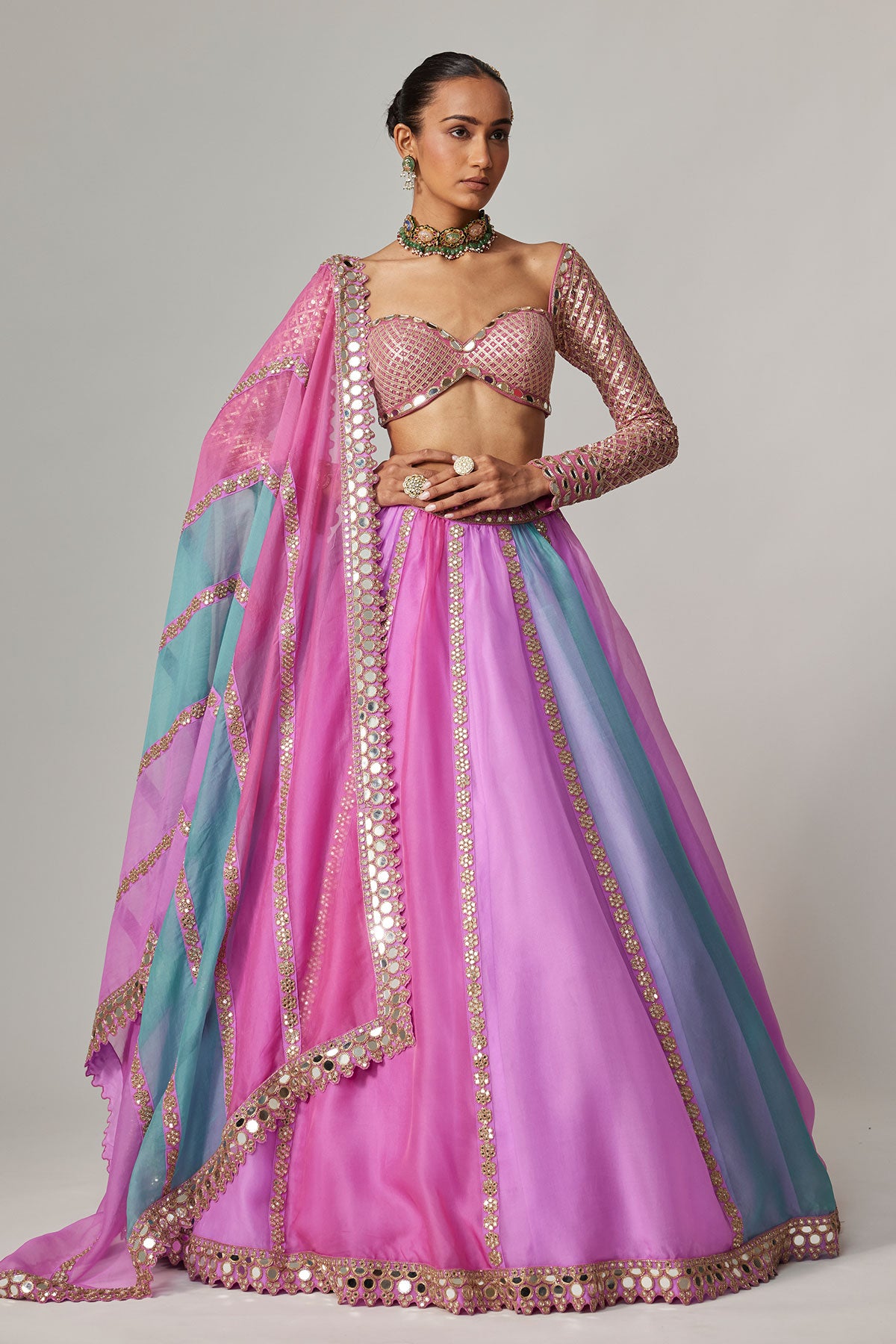 Mauve Multicolor Linear Lehenga With Sweetheart Full Sleeve Blouse