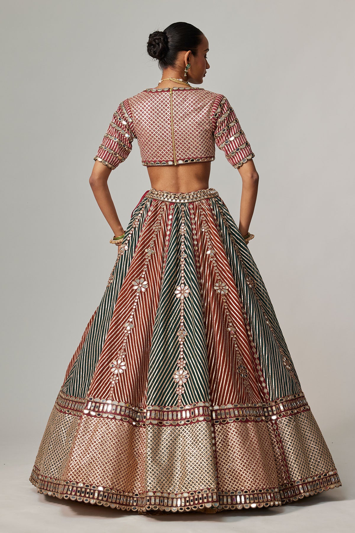 Cranberry Multicolor Linear Flower Lehenga Set With Double Dupatta