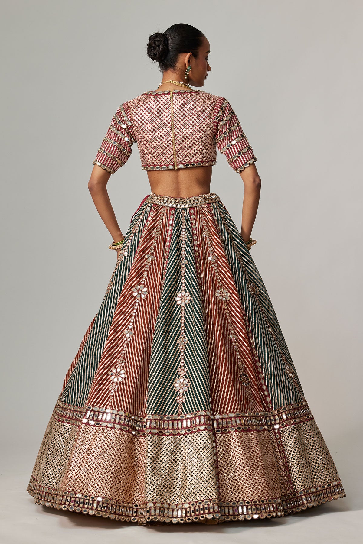 Cranberry Multicolor Linear Flower Lehenga Set With Jade Green Dupatta