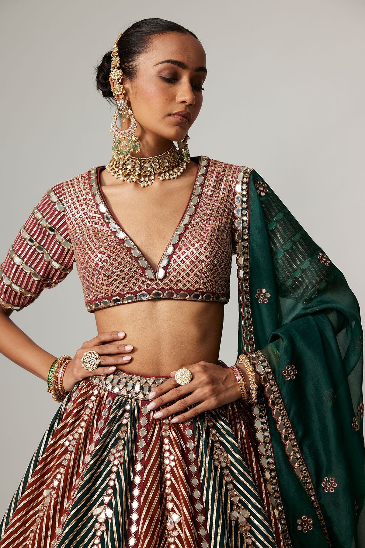 Cranberry Multicolor Linear Flower Lehenga Set With Jade Green Dupatta