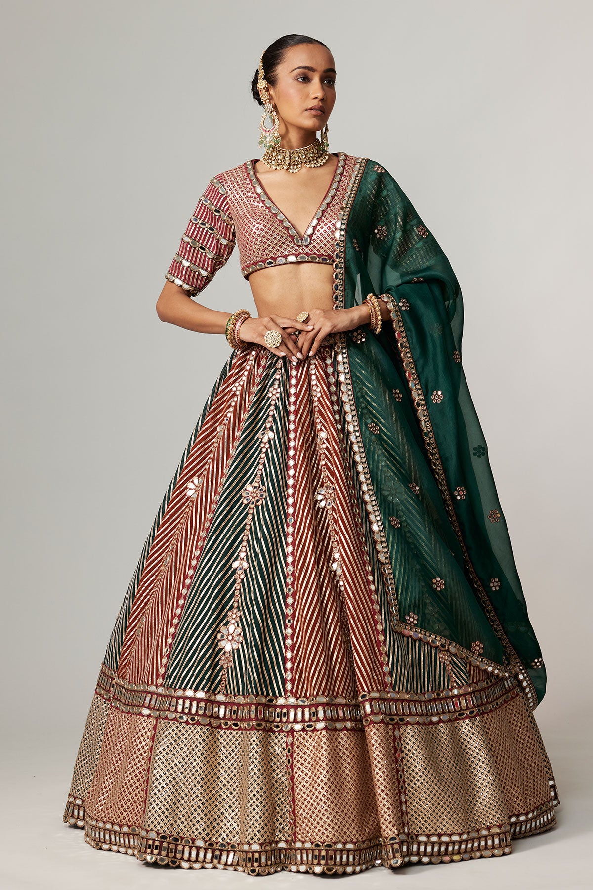 Cranberry Multicolor Linear Flower Lehenga Set With Jade Green Dupatta