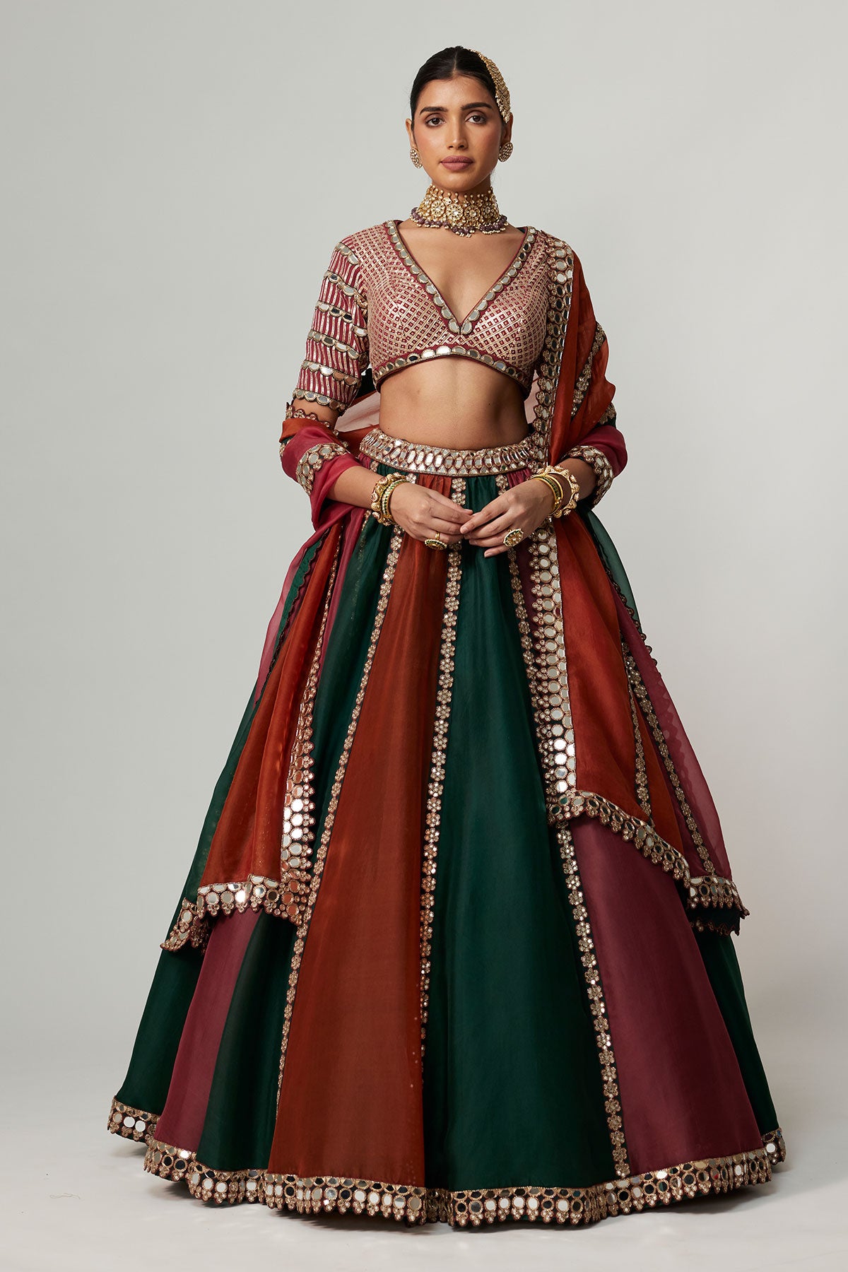 Cranberry Multicolor Linear Lehenga With V Neck Blouse