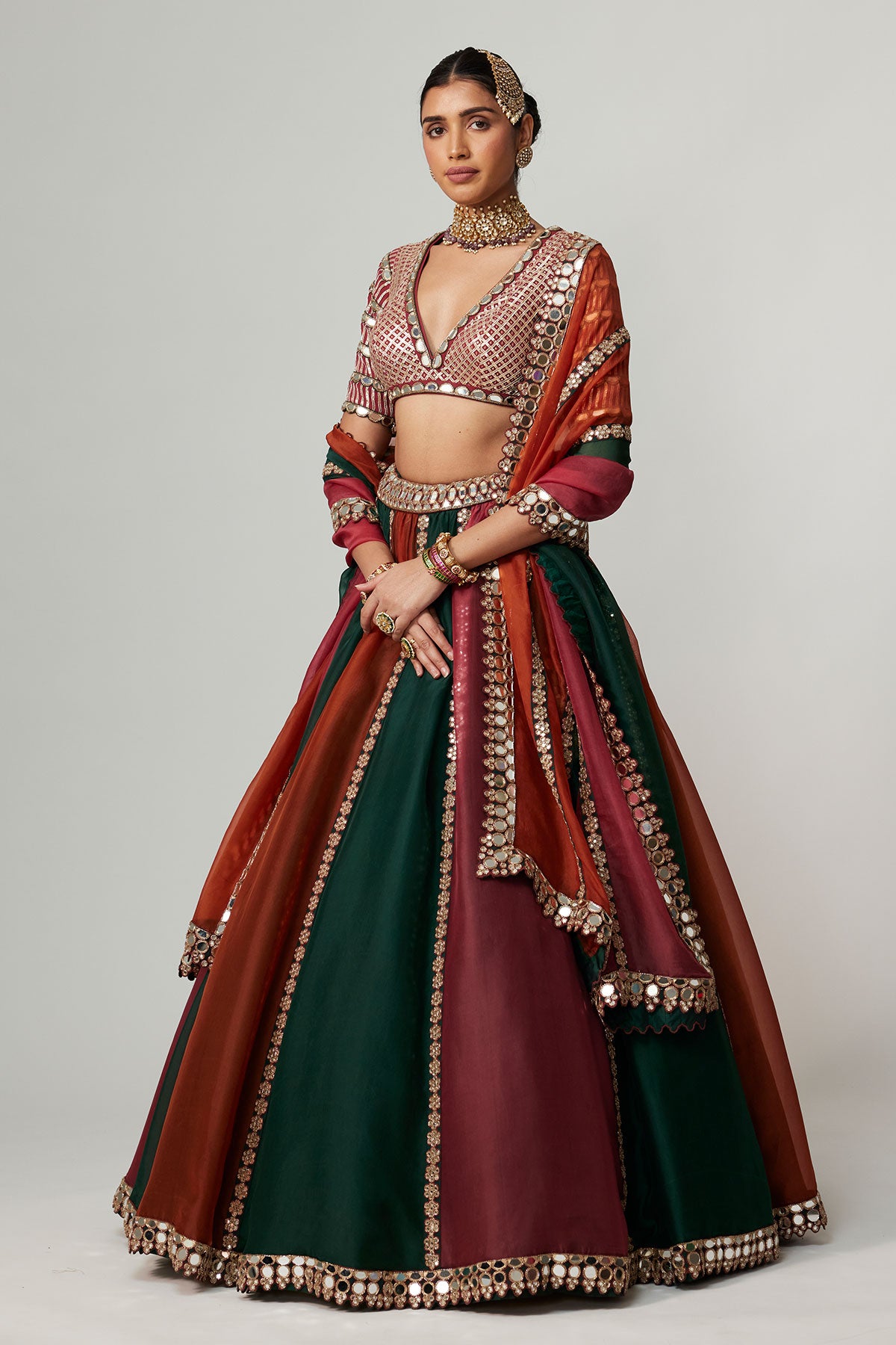 Cranberry Multicolor Linear Lehenga With V Neck Blouse