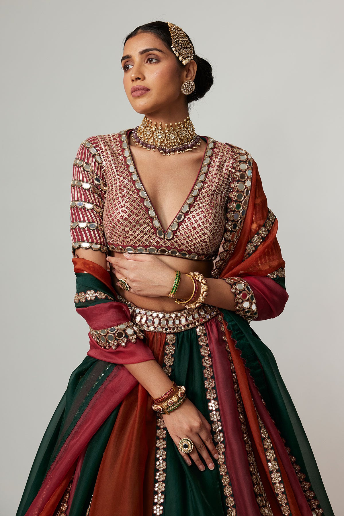 Cranberry Multicolor Linear Lehenga With V Neck Blouse