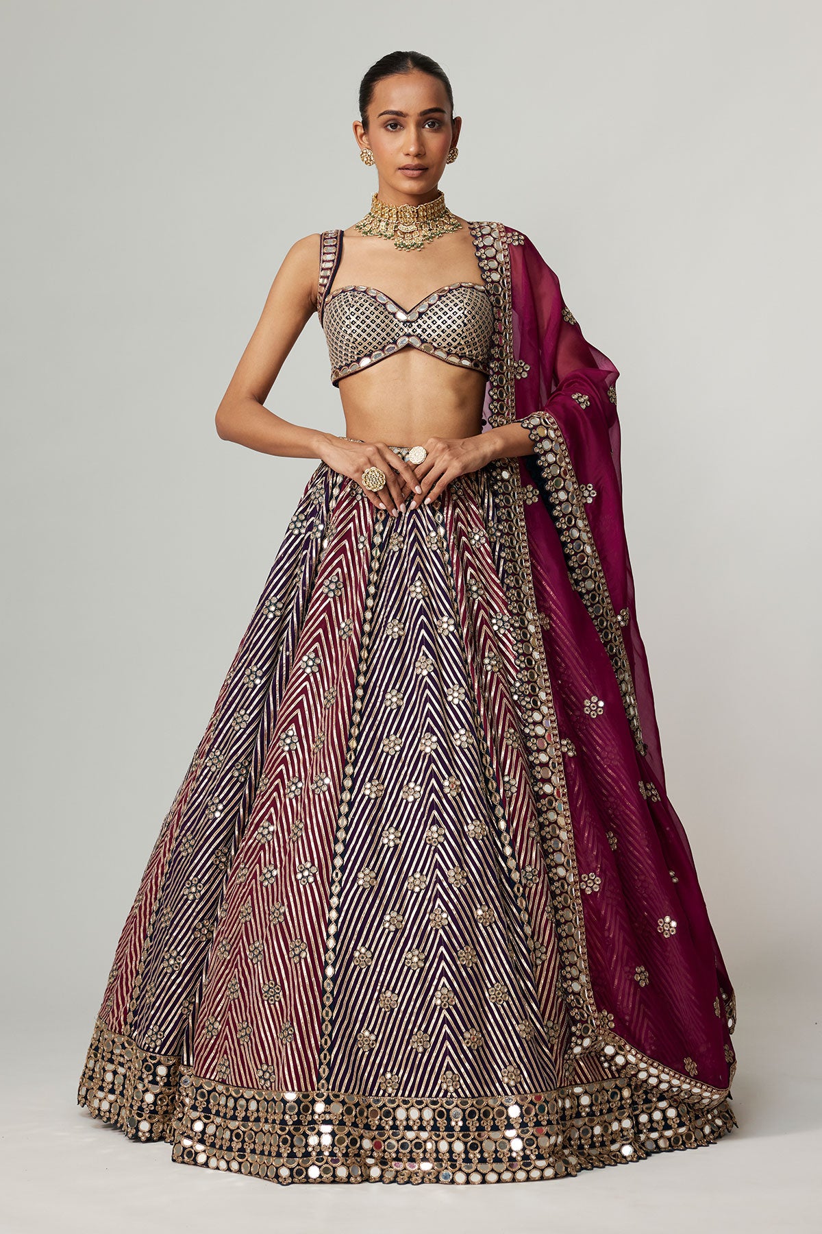 Teal Wine Multicolor Lehenga Set With Wine Dupatta
