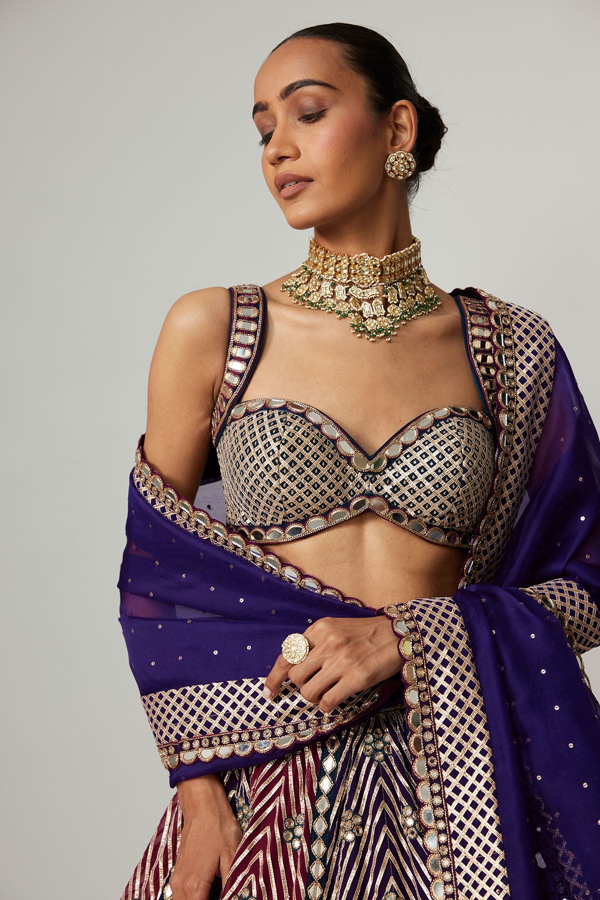 Teal Wine Multicolor Lehenga Set With Dark Purple Dupatta