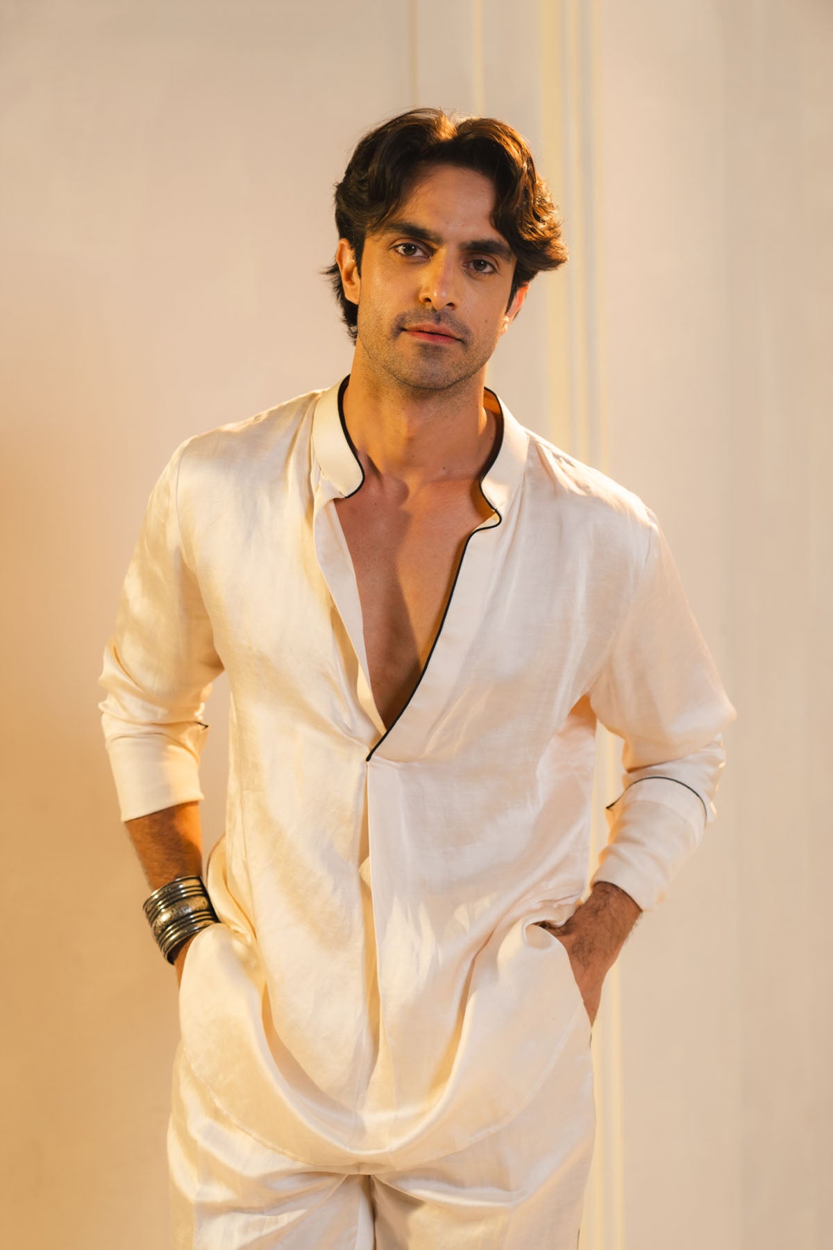 Kurta Set In Pearl Ash With Black Detailing.