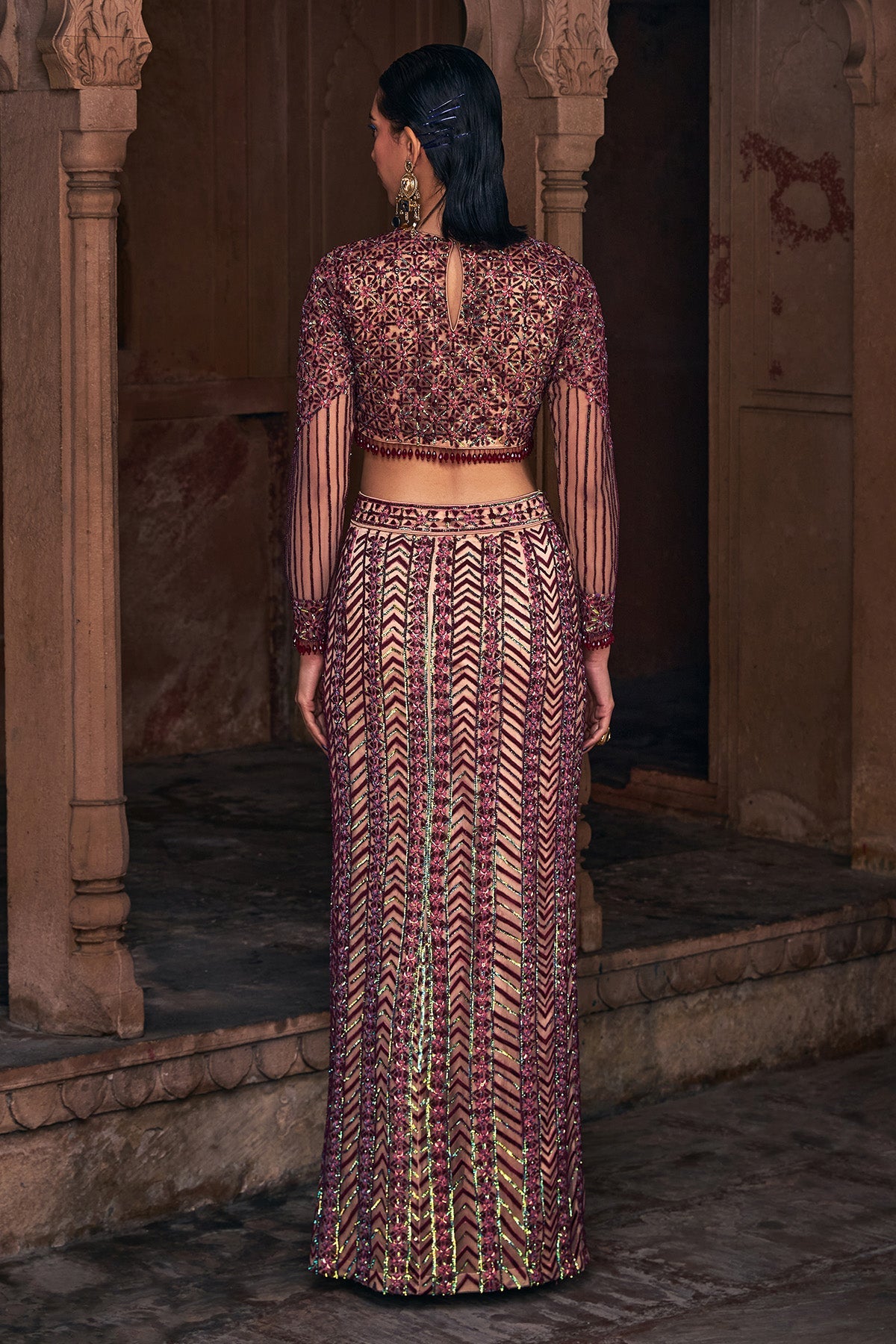 MAROON EMBROIDERED CROP TOP SKIRT SET