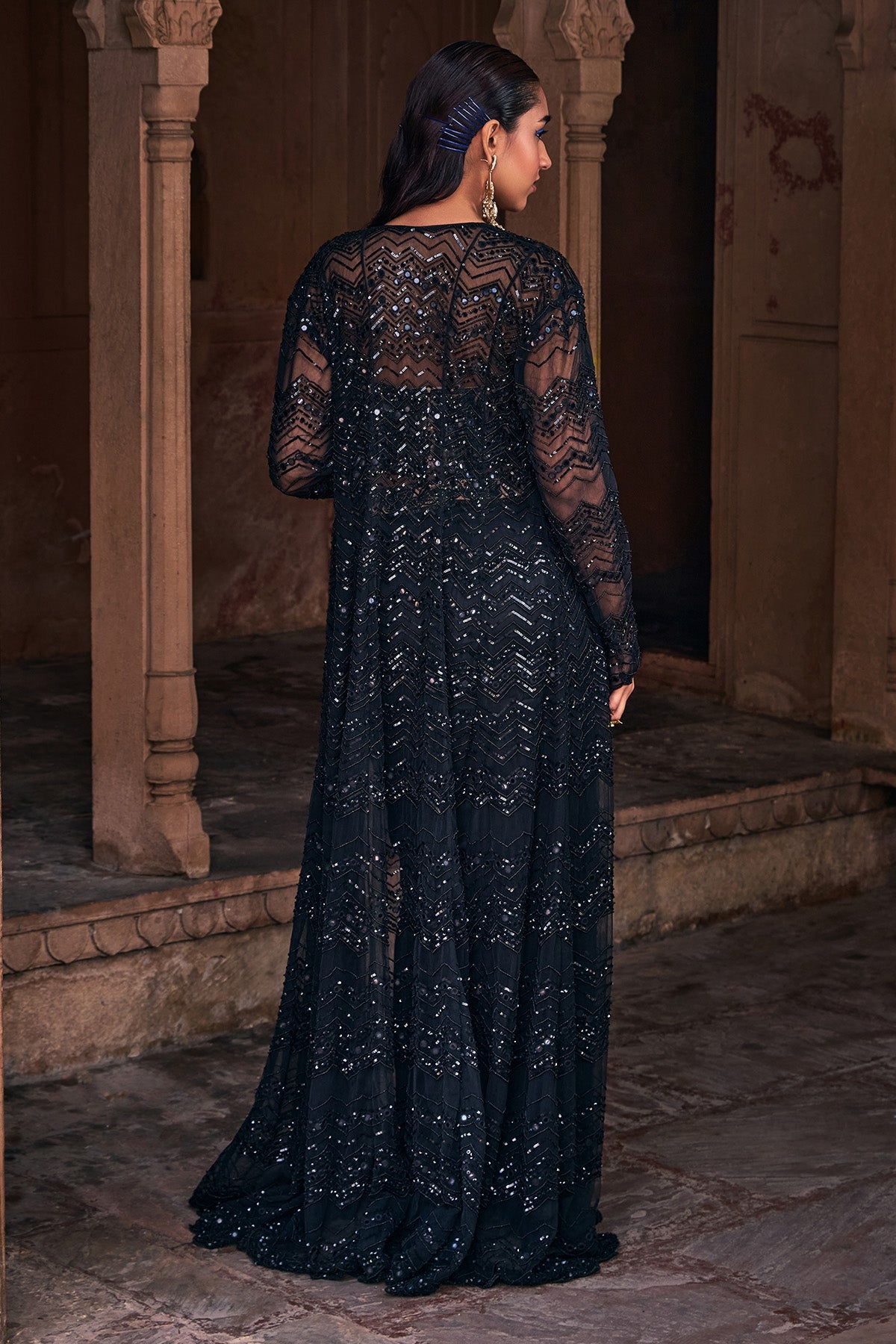 BLACK EMBROIDERED LONG JACKET SET