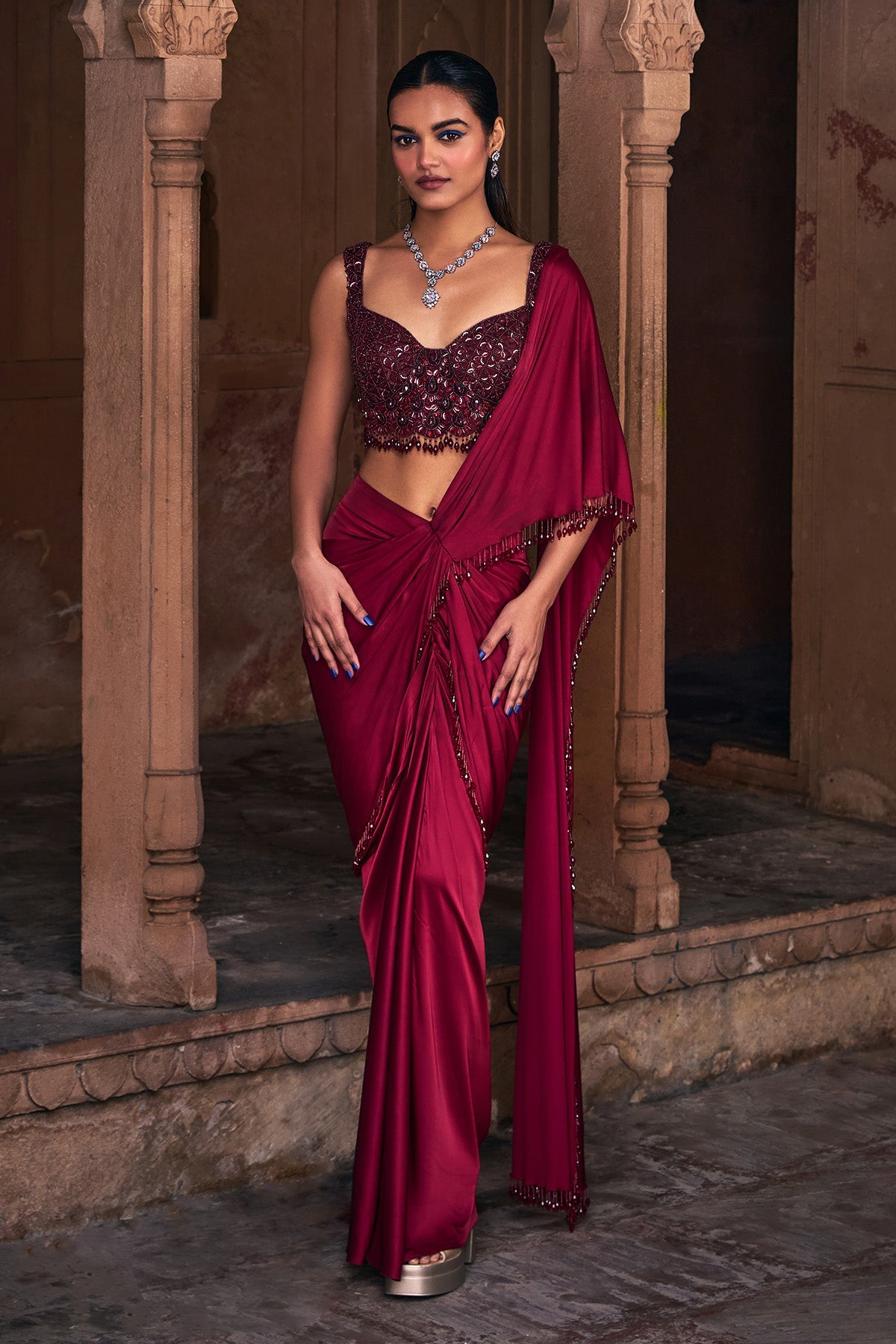 MAROON EMBROIDERED SAREE SET