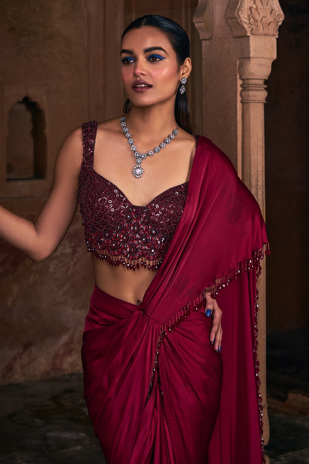 MAROON EMBROIDERED SAREE SET