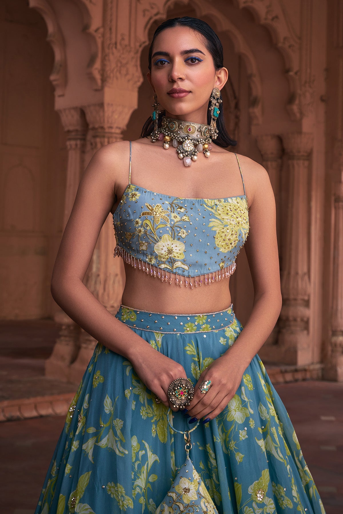 ICE BLUE FLORAL PRINT & HIGHLIGHTED LEHENGA SET