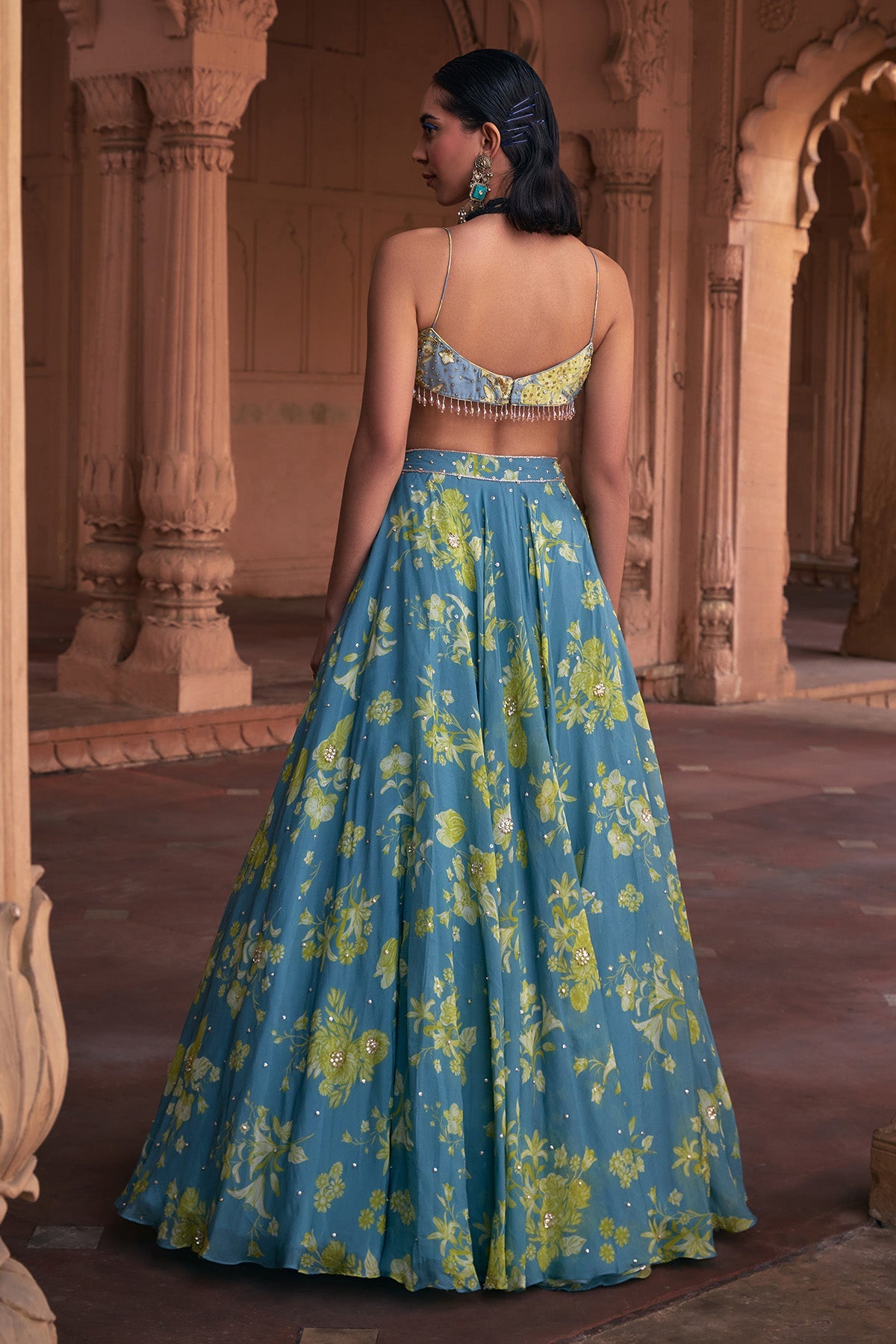 ICE BLUE FLORAL PRINT & HIGHLIGHTED LEHENGA SET