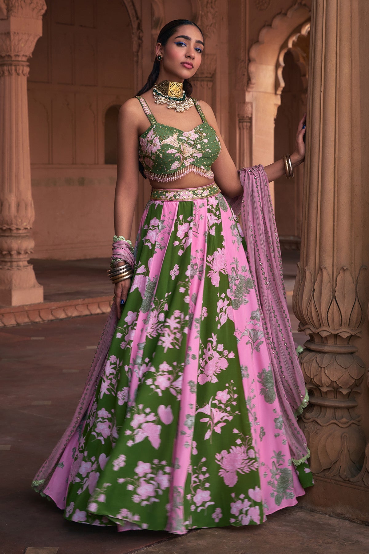SAGE GREEN FLORAL PRINT & HIGHLIGHTED LEHENGA SET