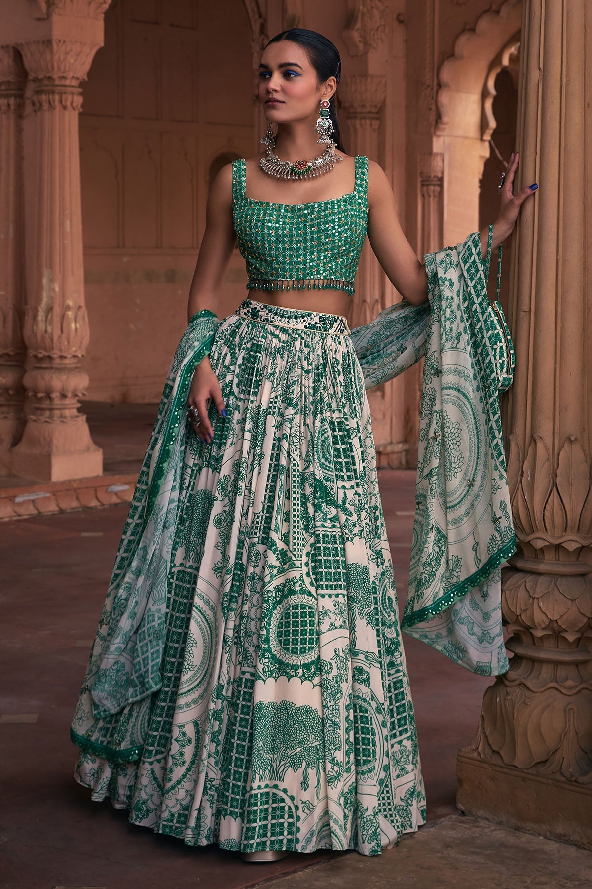 DARK GREEN THIKRI PRINT & HIGHLIGHTED LEHENGA SET - Ready To Ship