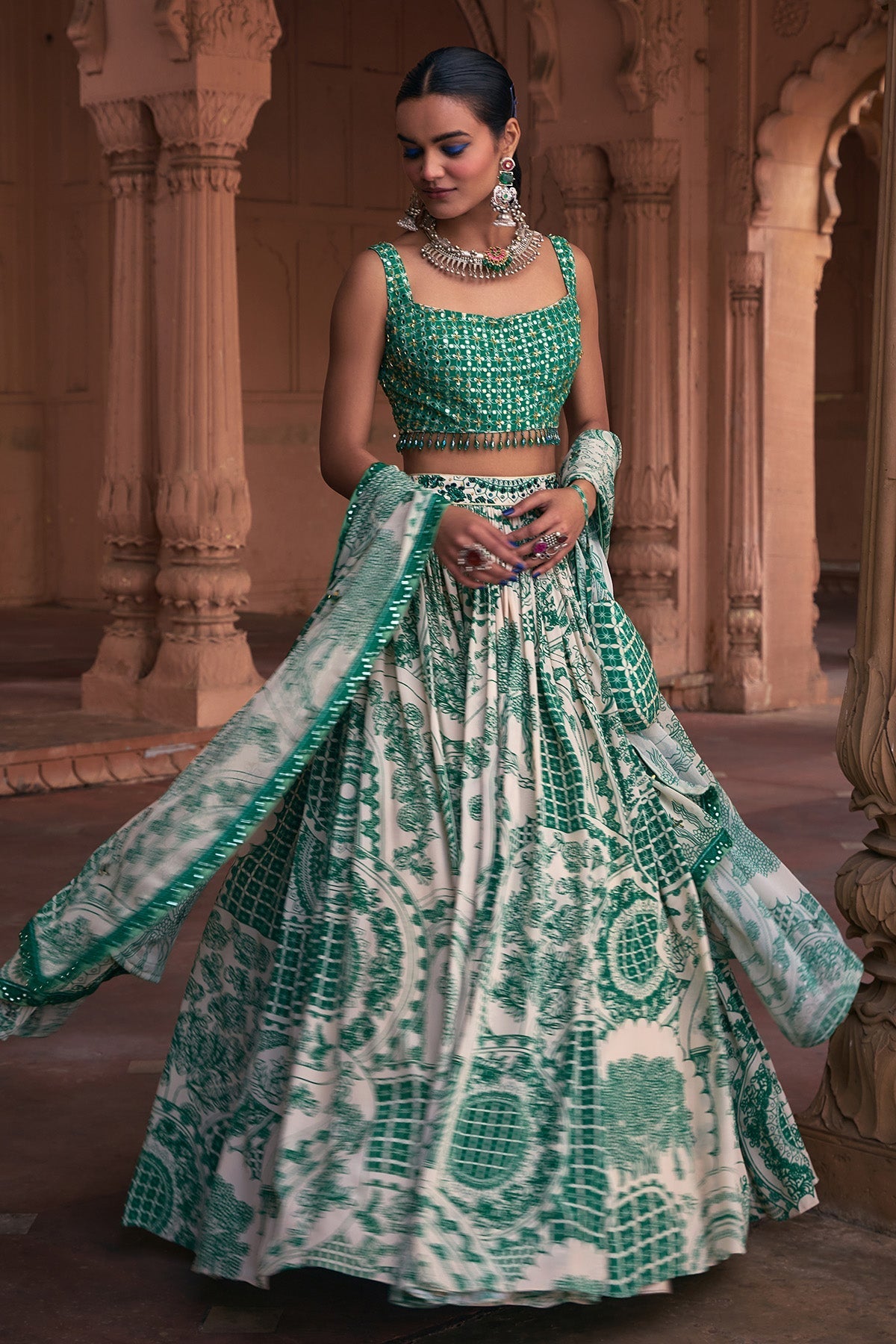 DARK GREEN THIKRI PRINT & HIGHLIGHTED LEHENGA SET - Ready To Ship