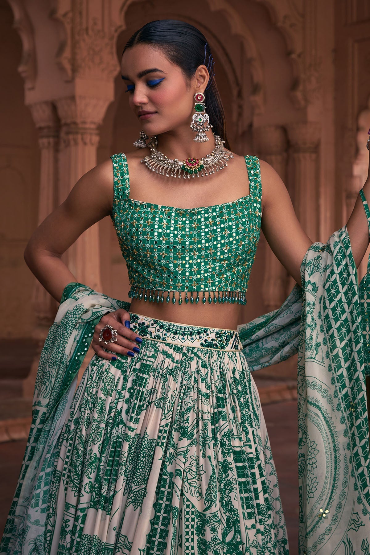 DARK GREEN THIKRI PRINT & HIGHLIGHTED LEHENGA SET - Ready To Ship