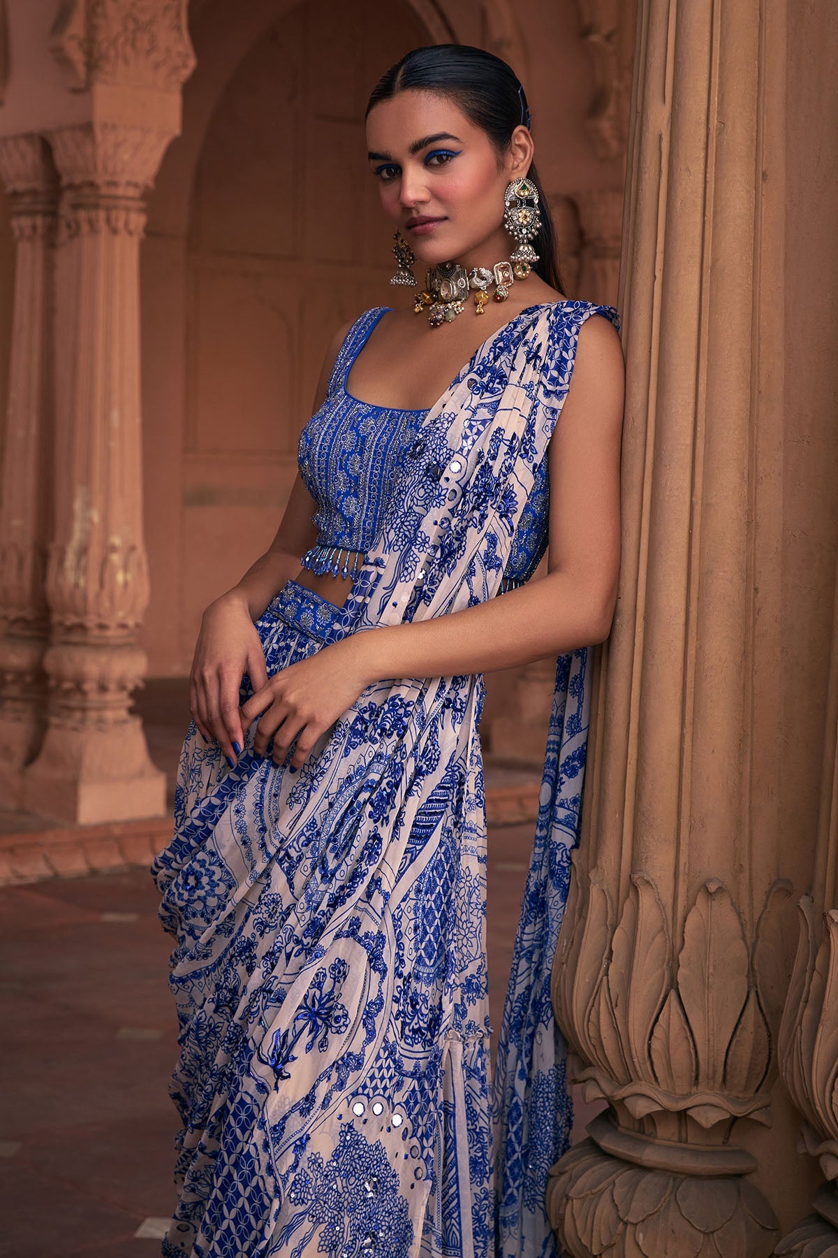 BLUE THIKRI PRINT & HIGHLIGHTED SAREE SET - Ready To Ship