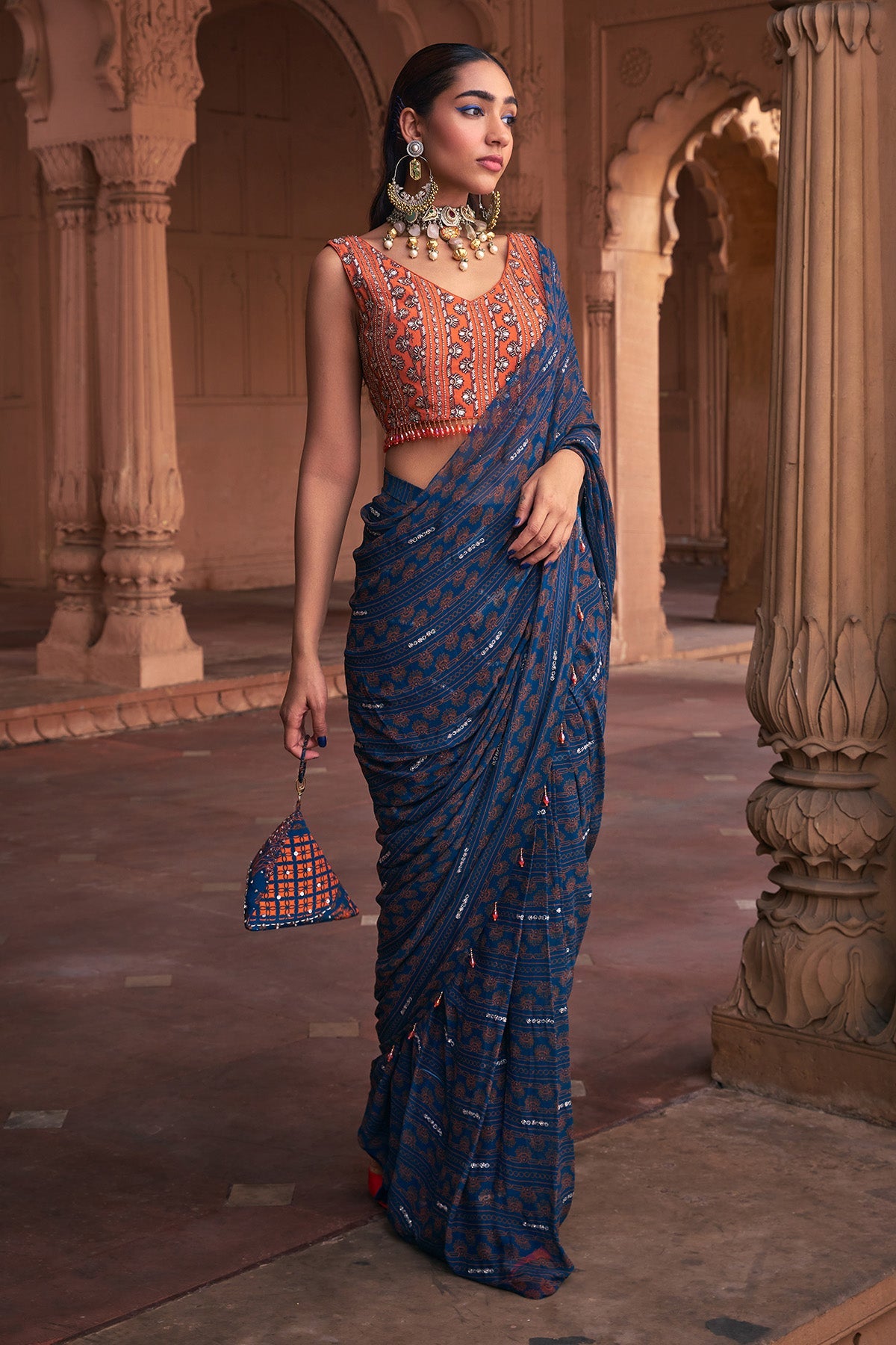 TEAL STRIPE PRINT & HIGHLIGHTED SAREE SET