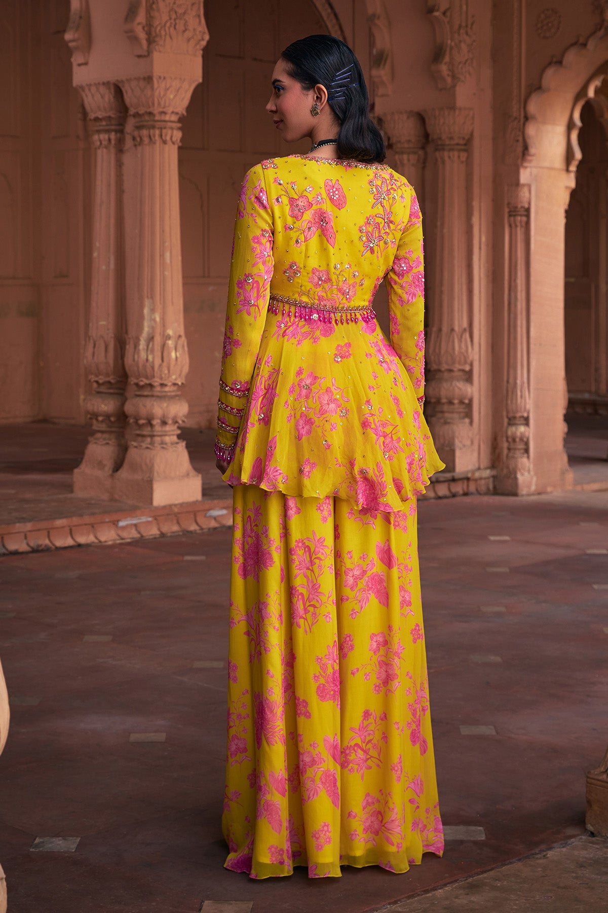 MANGO YELLOW FLORAL PRINT & HIGHLIGHTED PEPLUM SET