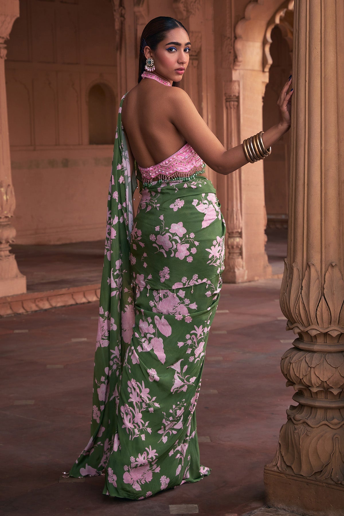 SAGE GREEN FLORAL PRINT & HIGHLIGHTED SAREE SET
