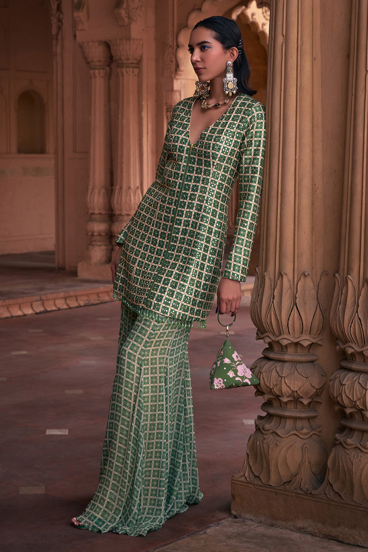 ALISHA PEKHA IN SAGE GREEN GRID PRINT & HIGHLIGHTED JACKET SET