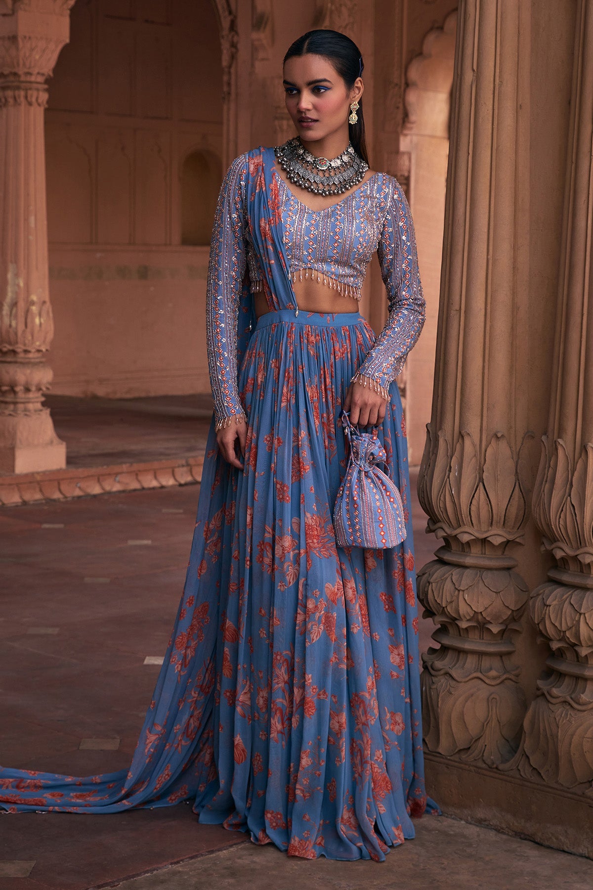 SLATE BLUE FLORAL PRINT & HIGHLIGHTED SAREE SET