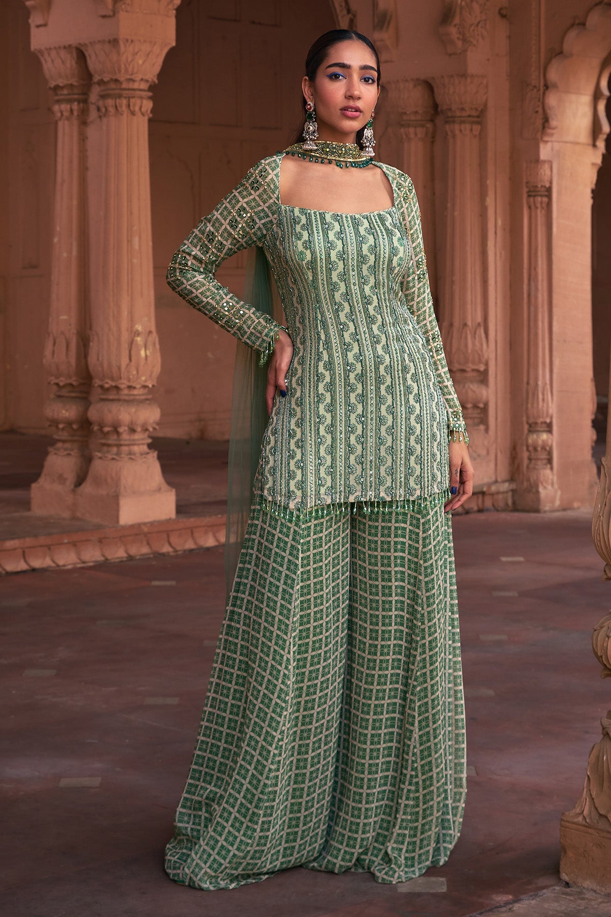 SAGE GREEN GRID PRINT & HIGHLIGHTED KURTI SET