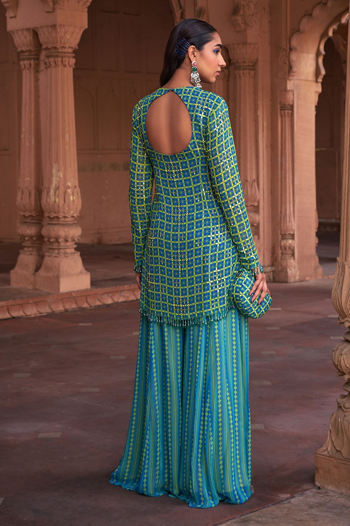 LIME YELLOW GRID PRINT & HIGHLIGHTED KURTI SET