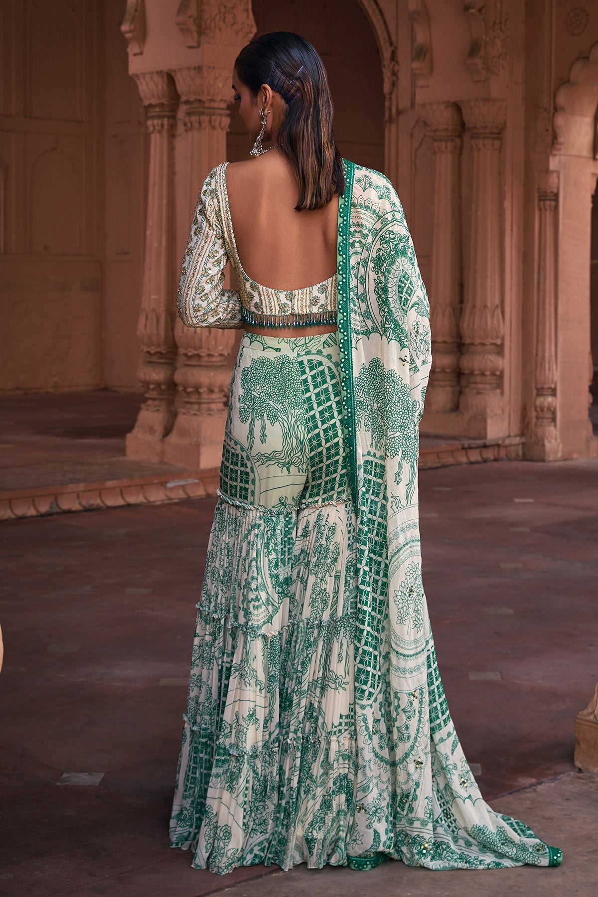 DARK GREEN THIKRI PRINT & HIGHLIGHTED CROP TOP SET