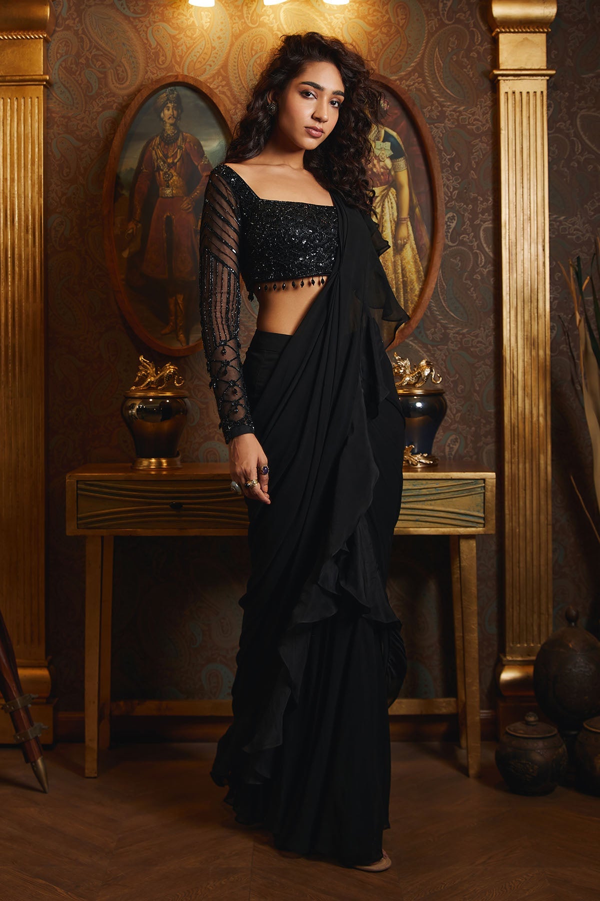 BLACK ORGANZA  RUFFLE SAREE SET - Ready To Ship