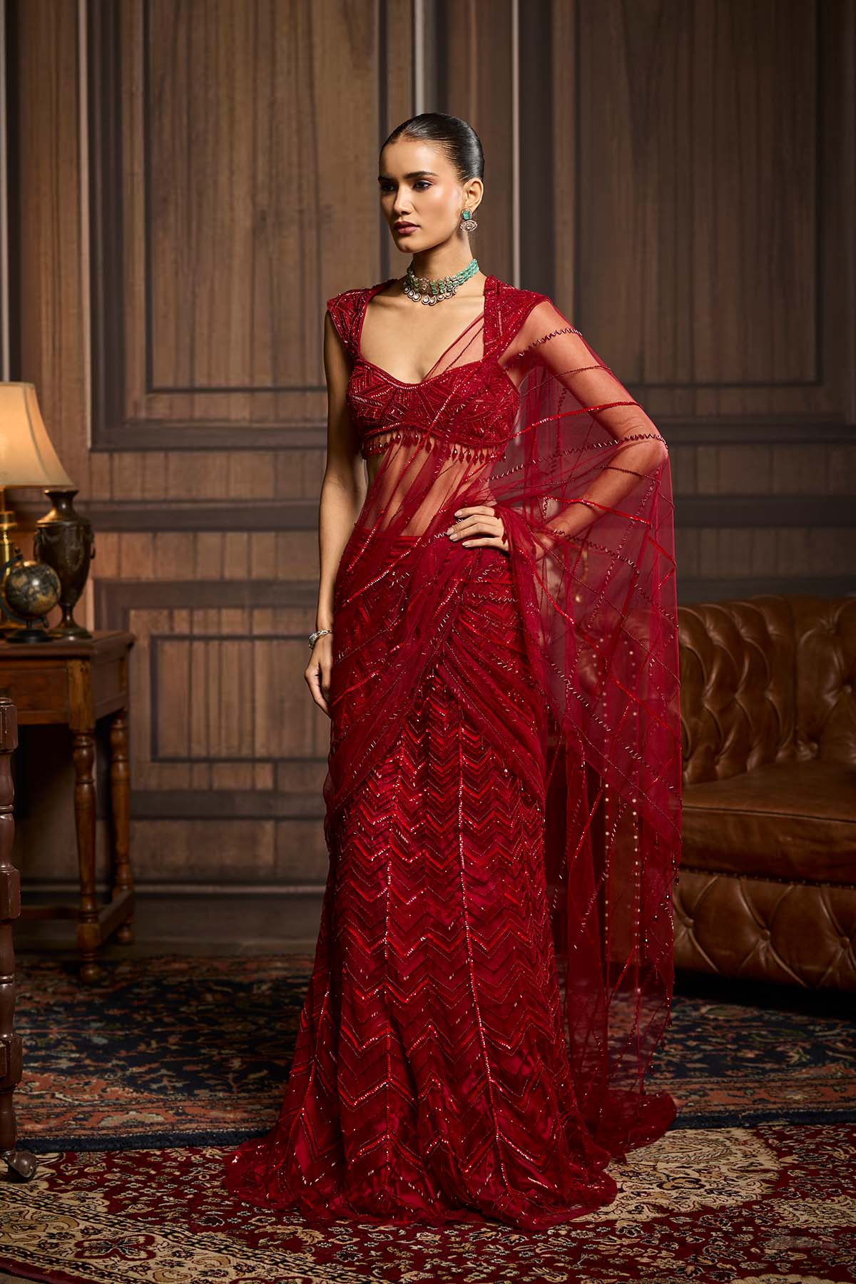 Red Embellished Draped Pre-Draped Skirt Saree Set
