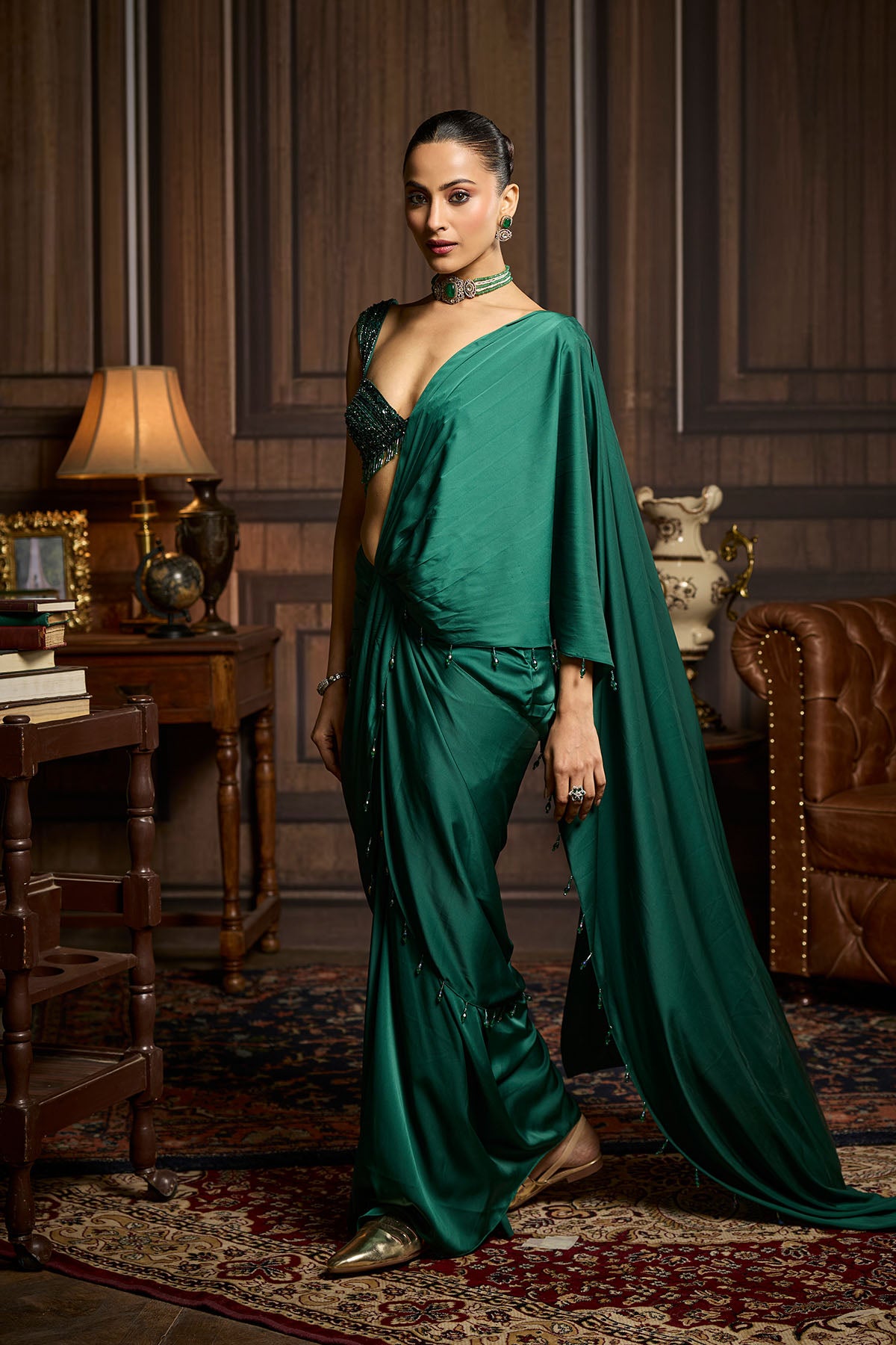 Emerald Green Embellished Blouse And Pre-Draped Dhoti Saree Set