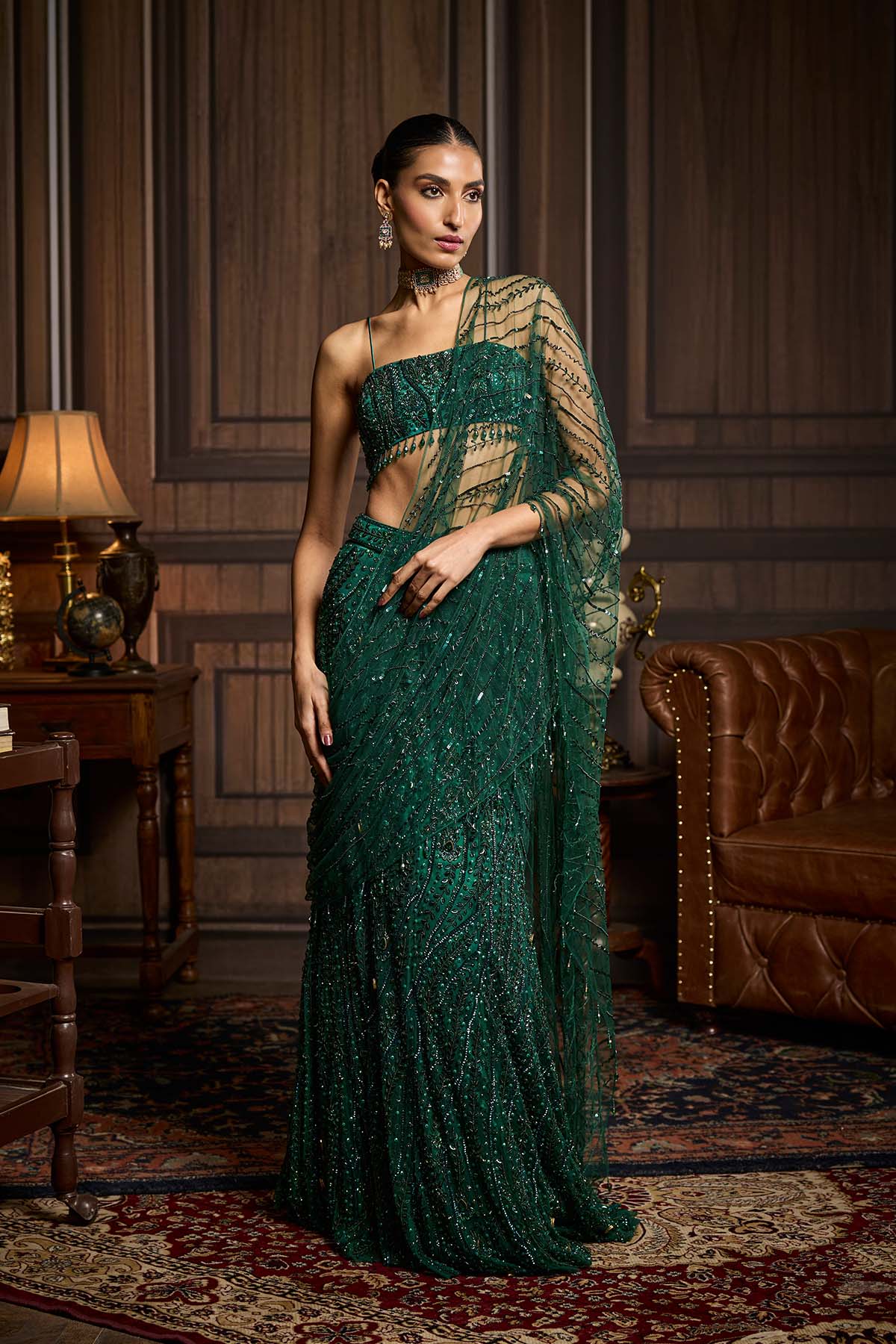Emerald Green Embellished Blouse And Pre-Draped Saree Set