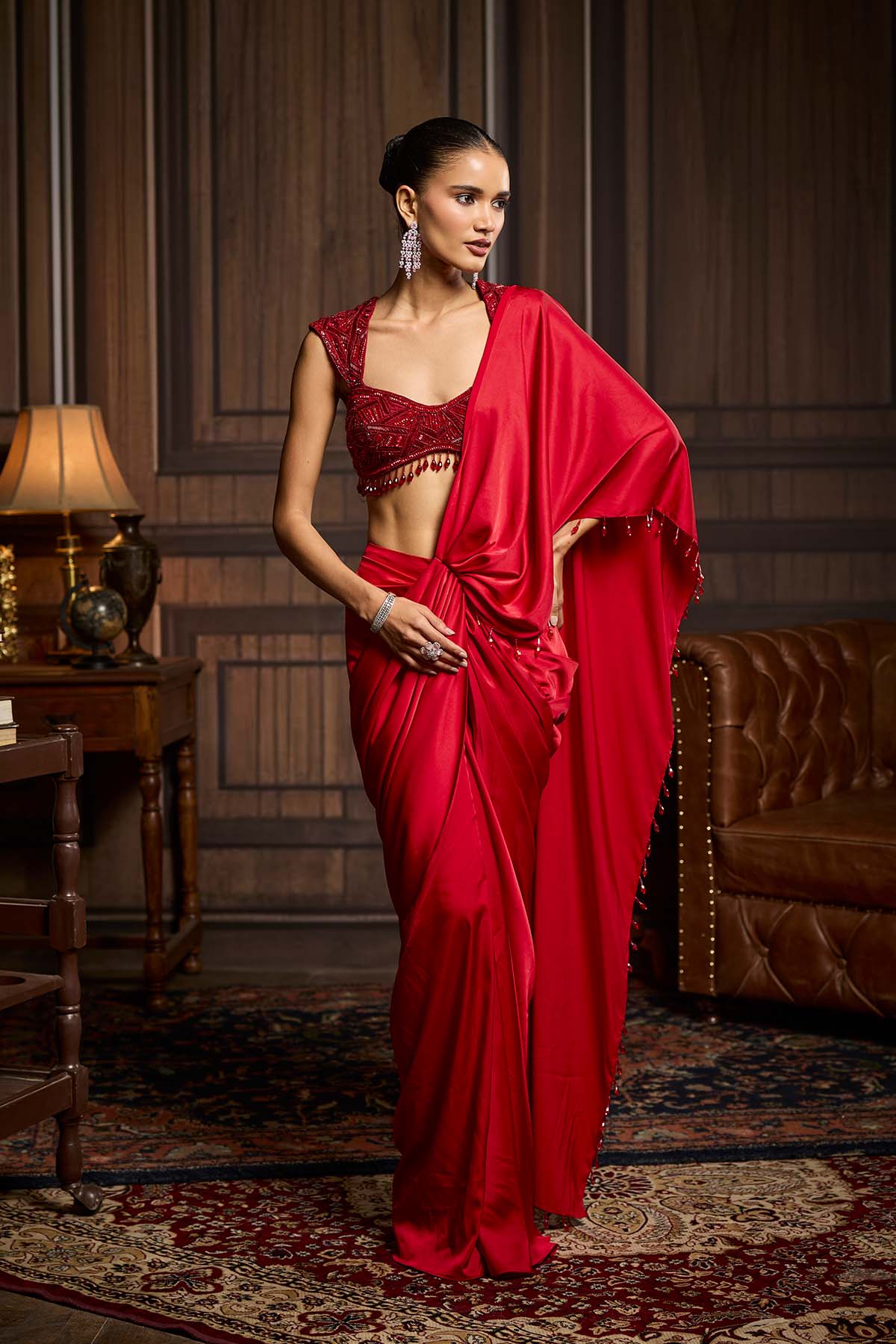 Red Embellished Blouse And Pre-Draped Dhoti Saree Set