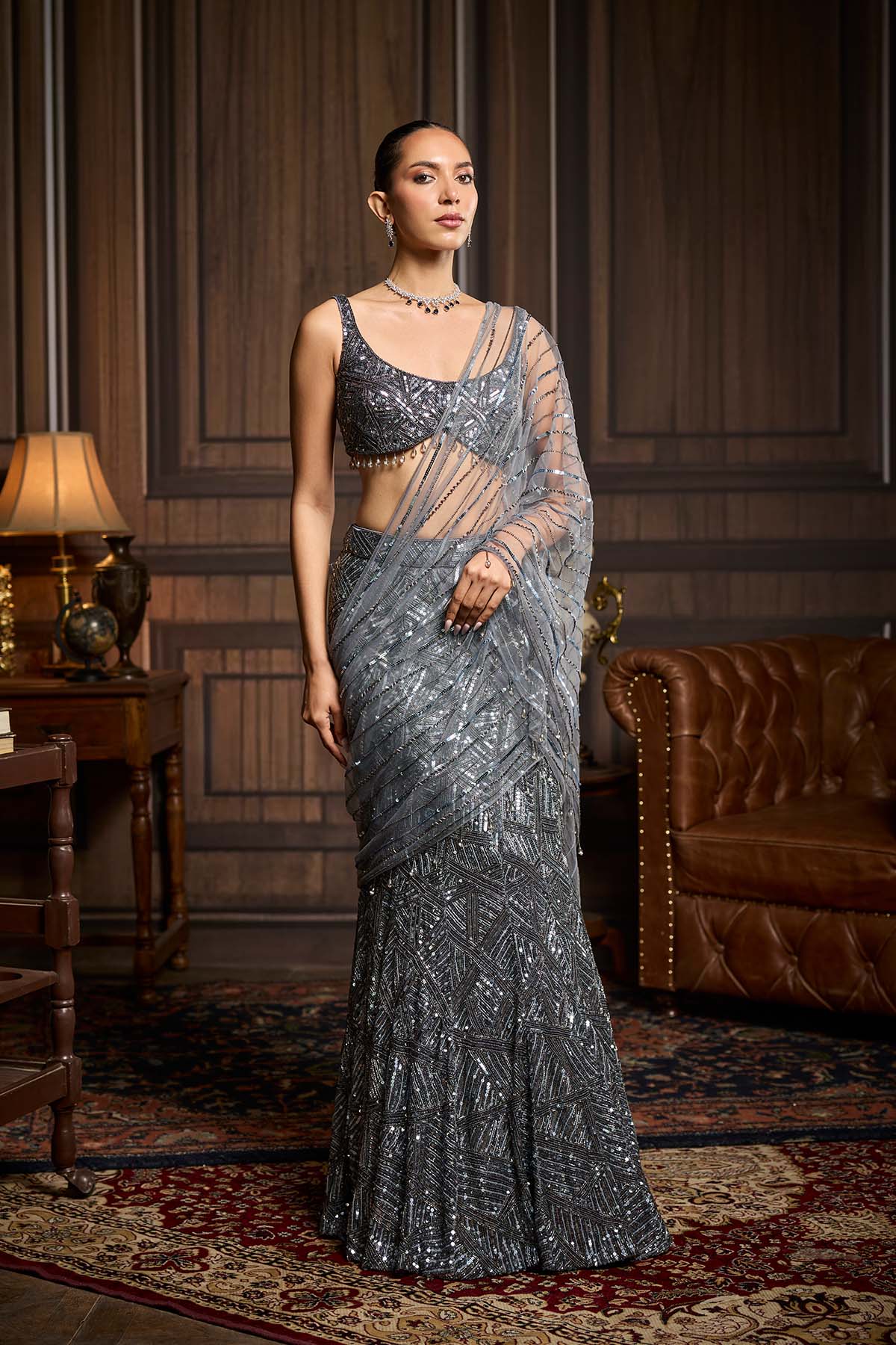 Gunmetal Embellished Pre-Draped Skirt Saree Set