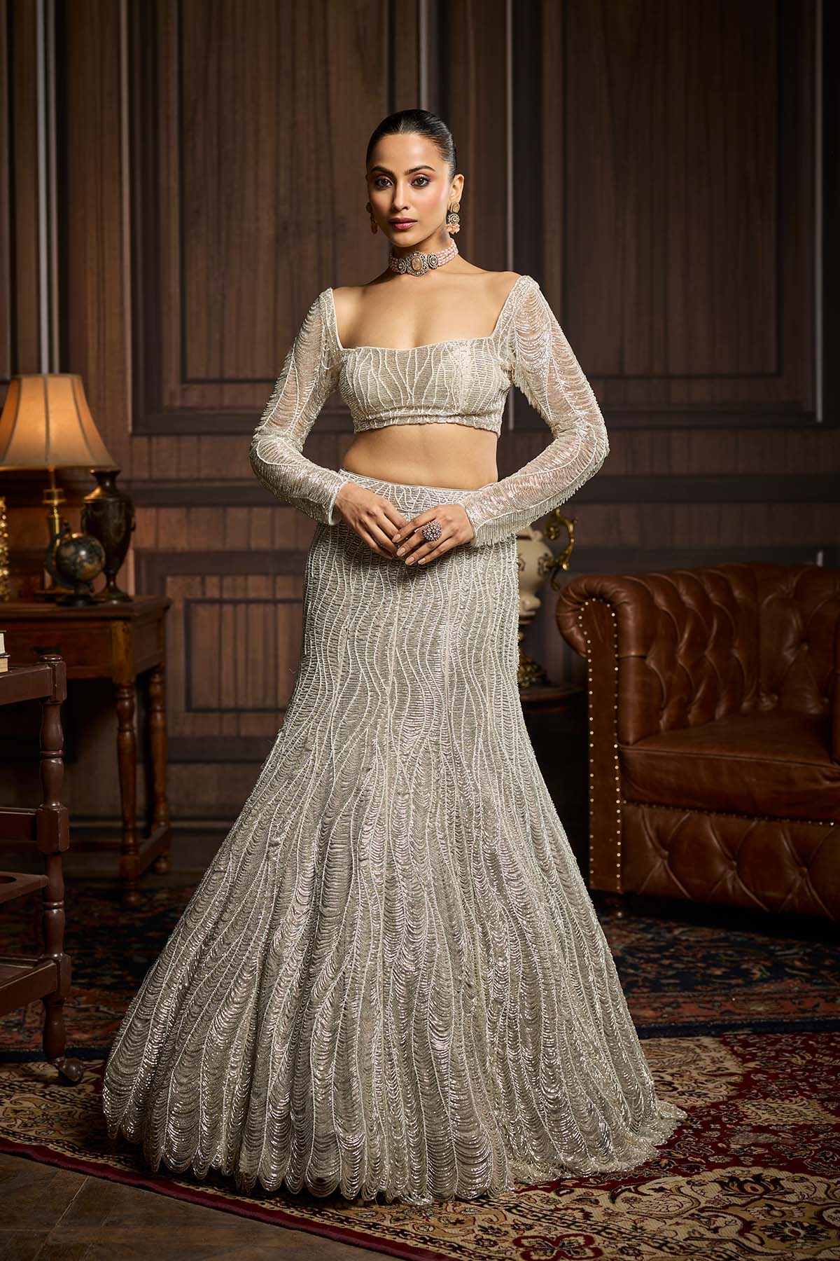 Silver Fully Embellished Mermaid Skirt Set