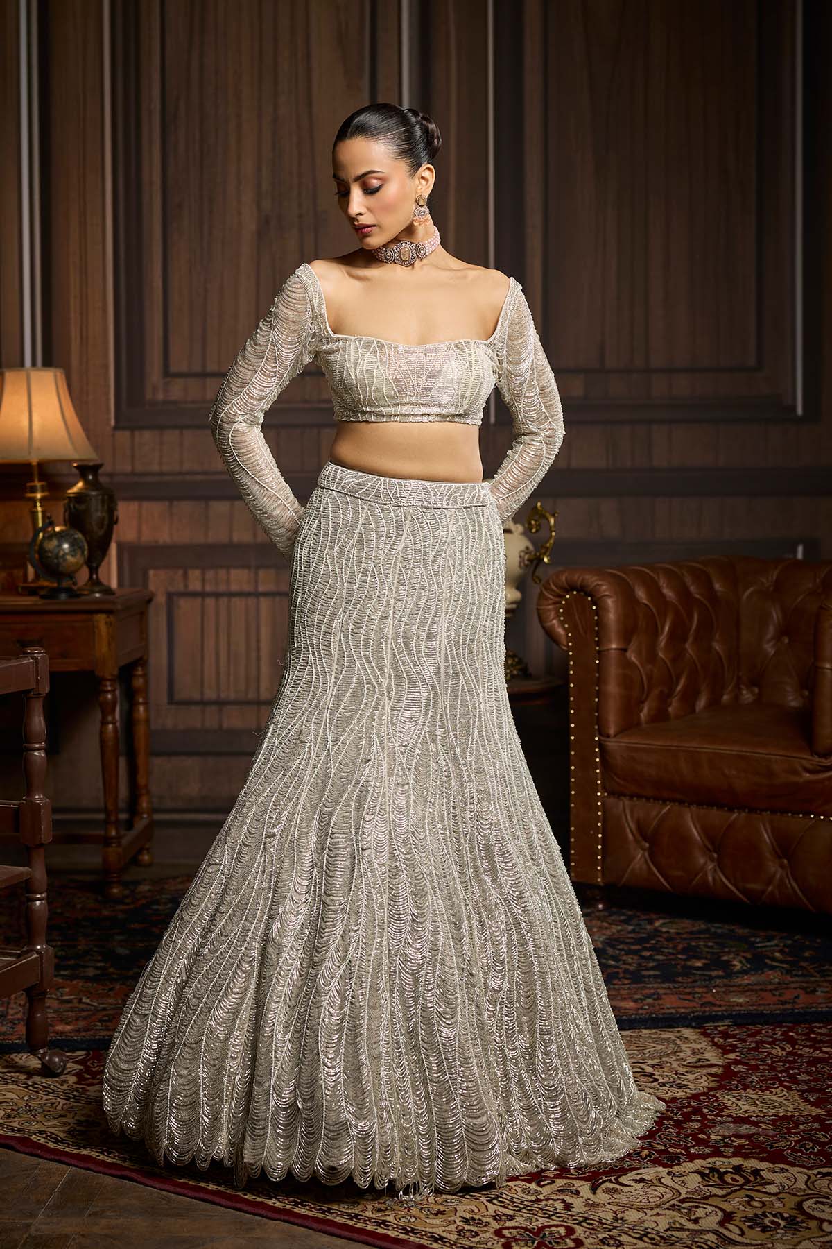 Silver Fully Embellished Mermaid Skirt Set