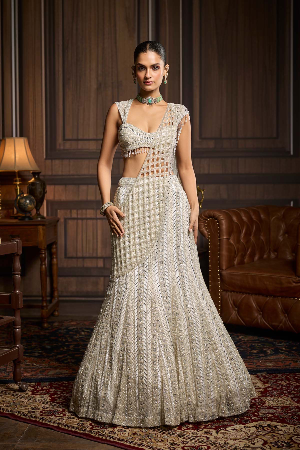 Silver Embellished Mermaid Skirt Saree Set