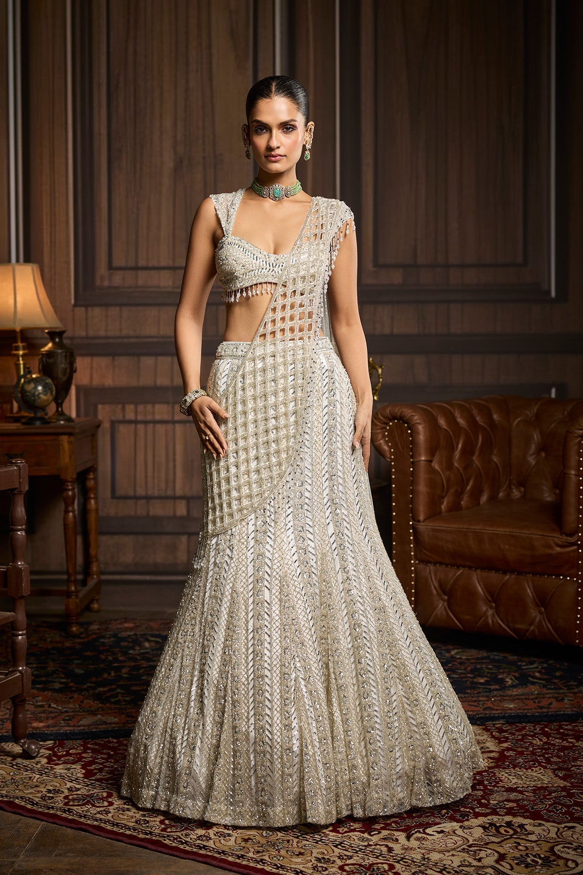 Silver Embellished Mermaid Skirt Saree Set - Ready To Ship