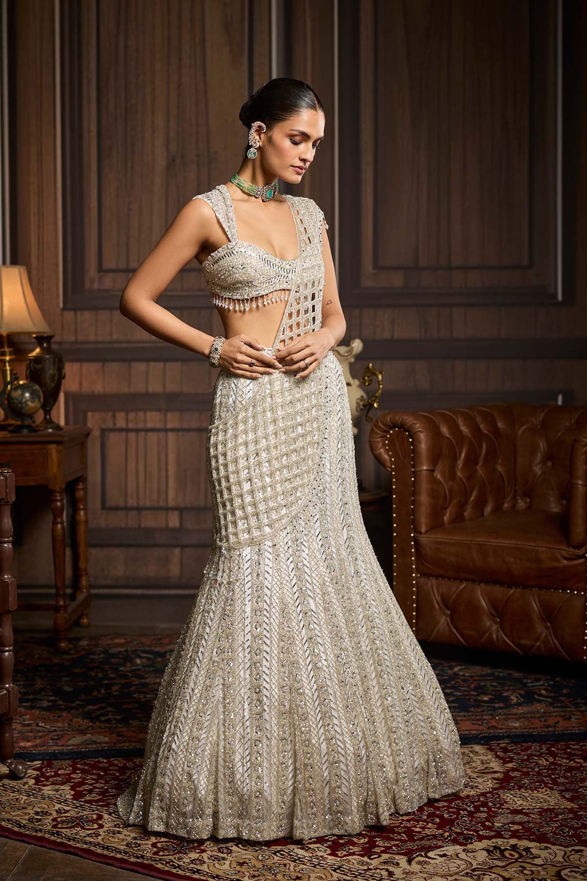 Silver Embellished Mermaid Skirt Saree Set
