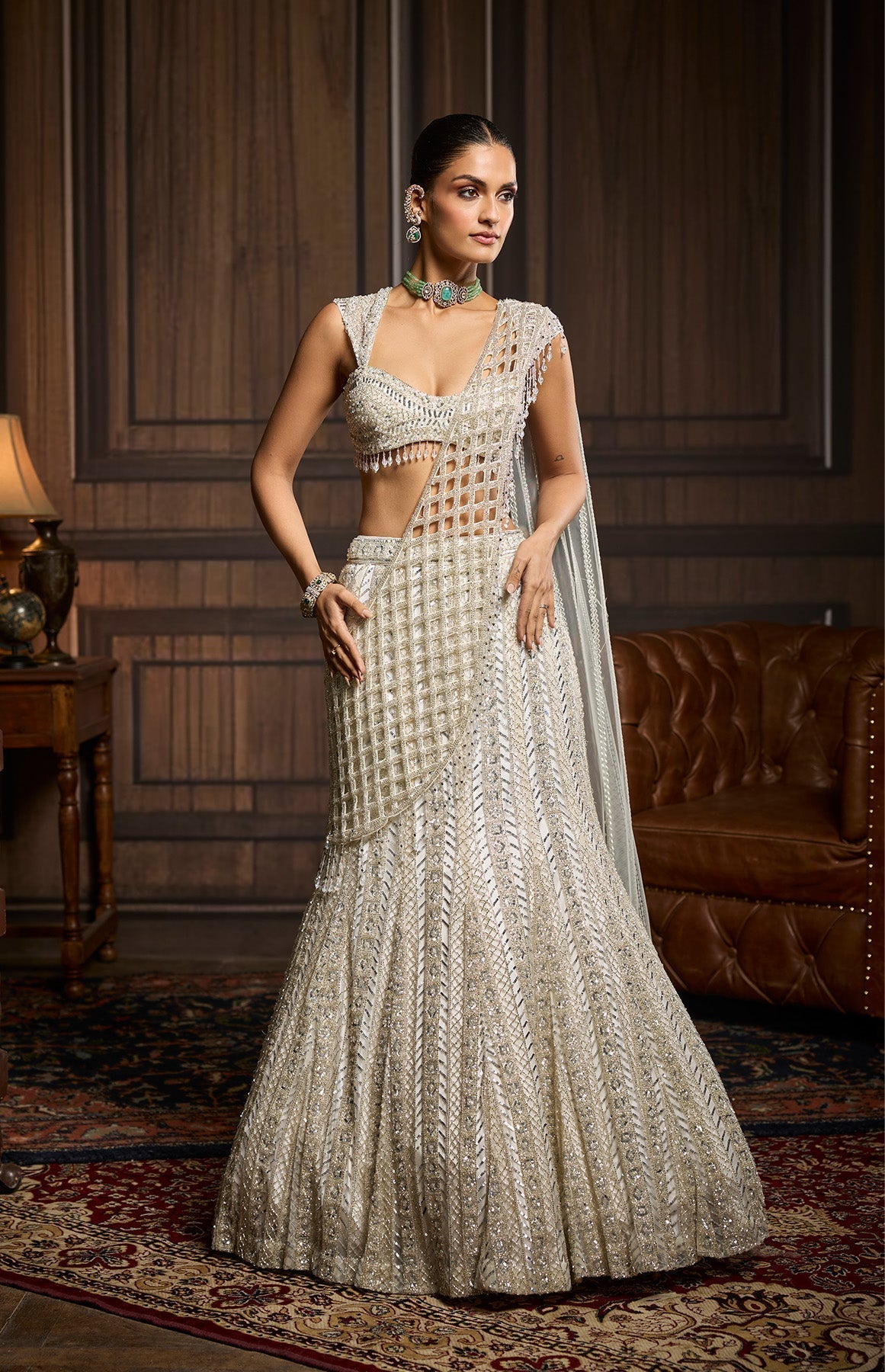 Silver Embellished Mermaid Skirt Saree Set - Ready To Ship