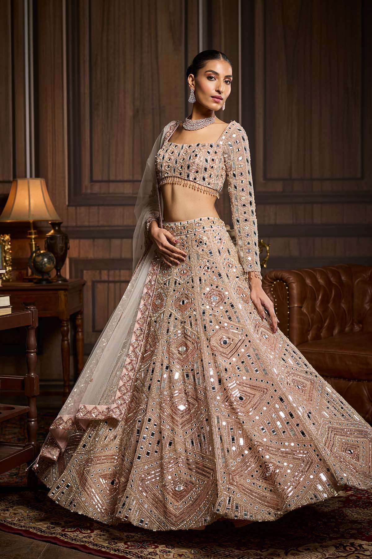 Blush Pink Embellished Mirrorwork  Lehenga Set