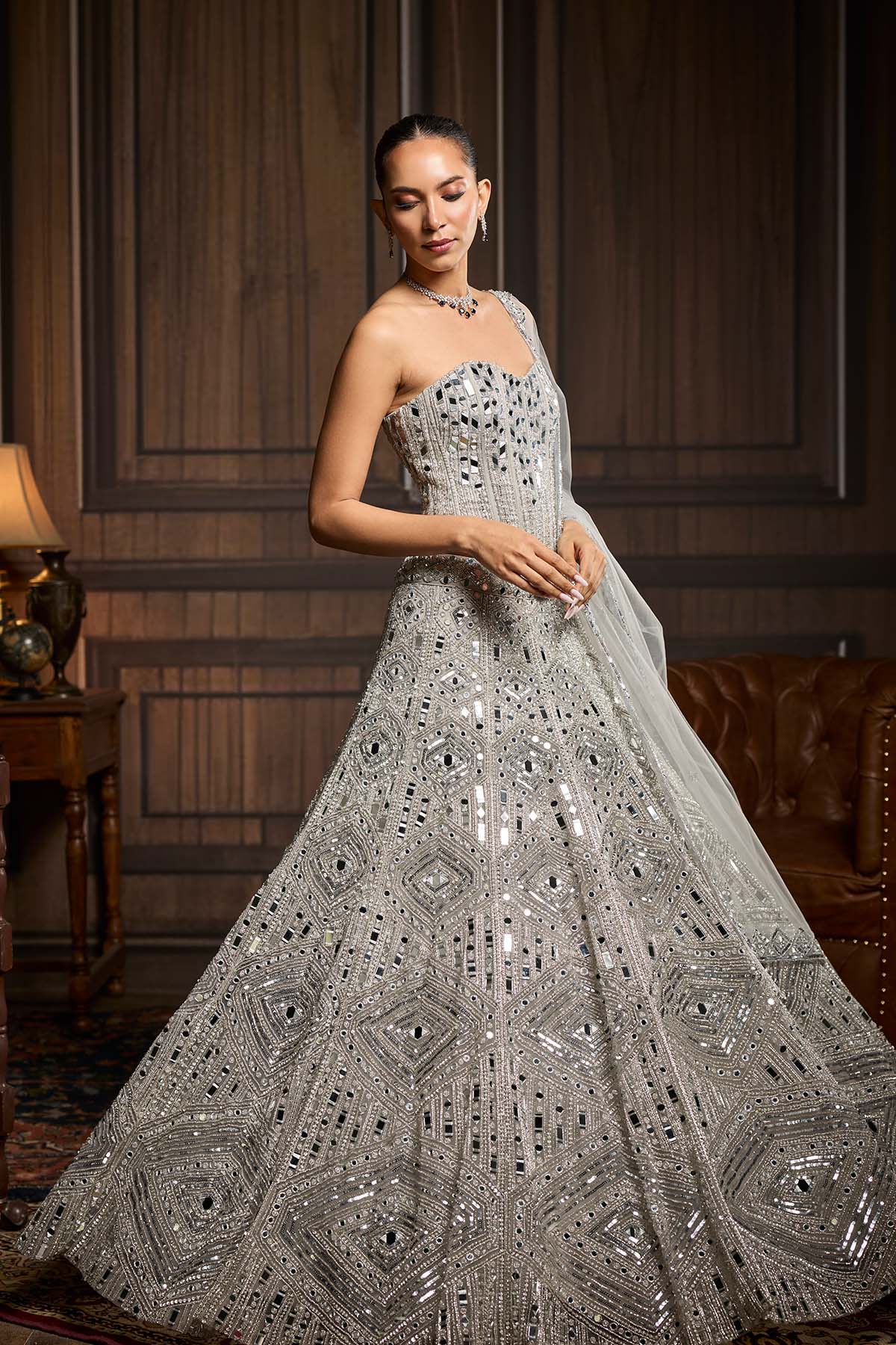 Silver Embellished Mirrorwork Lehenga Set