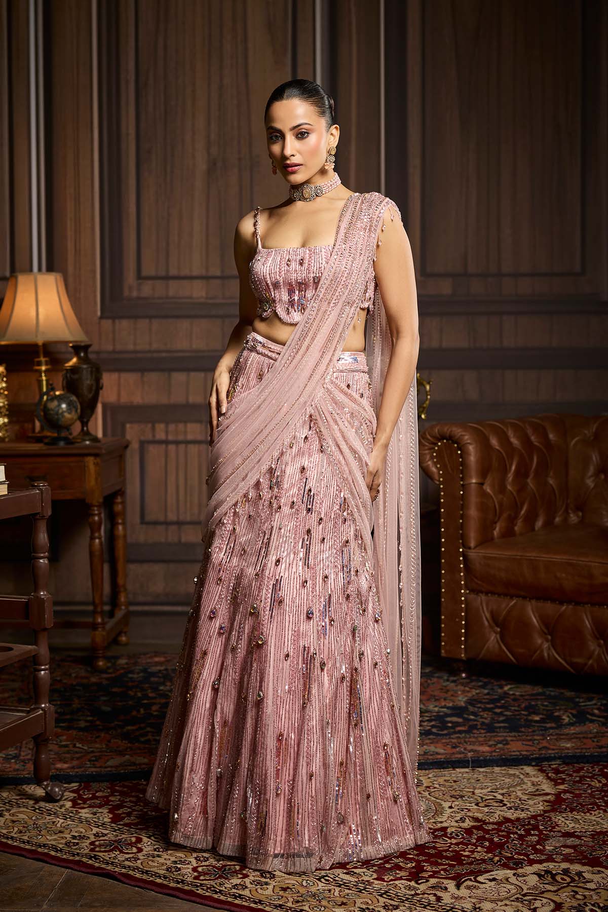 Blush Pink Embellished Pre-Draped Skirt Saree Set