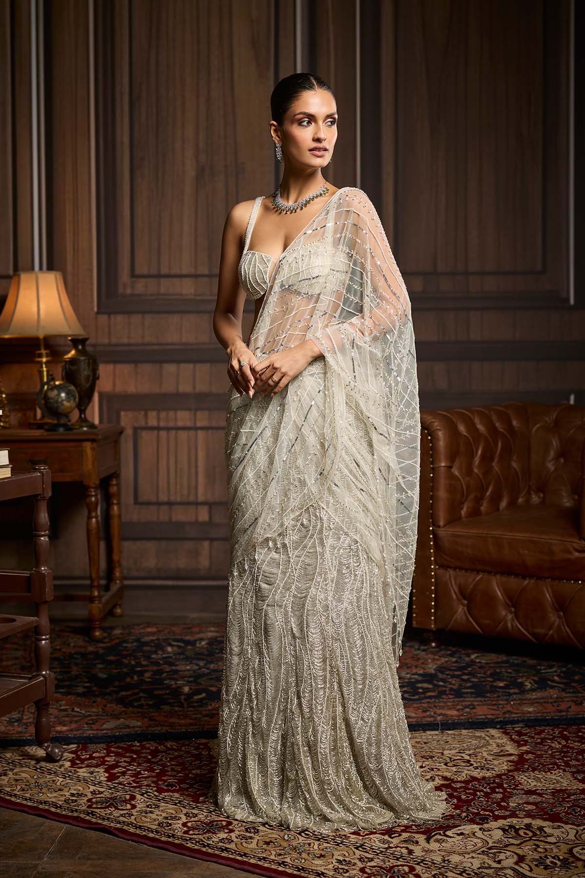 Silver Fully Embellished Pre-Draped Skirt Saree Set