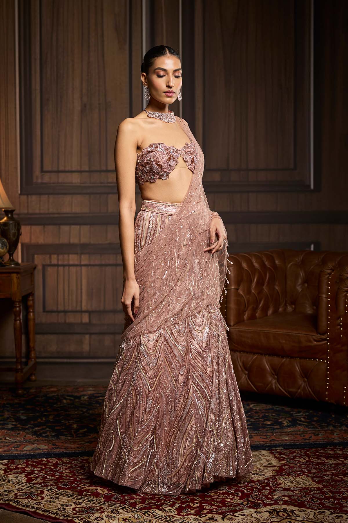 Blush Pink Embellished Pre-Draped Skirt Saree Set