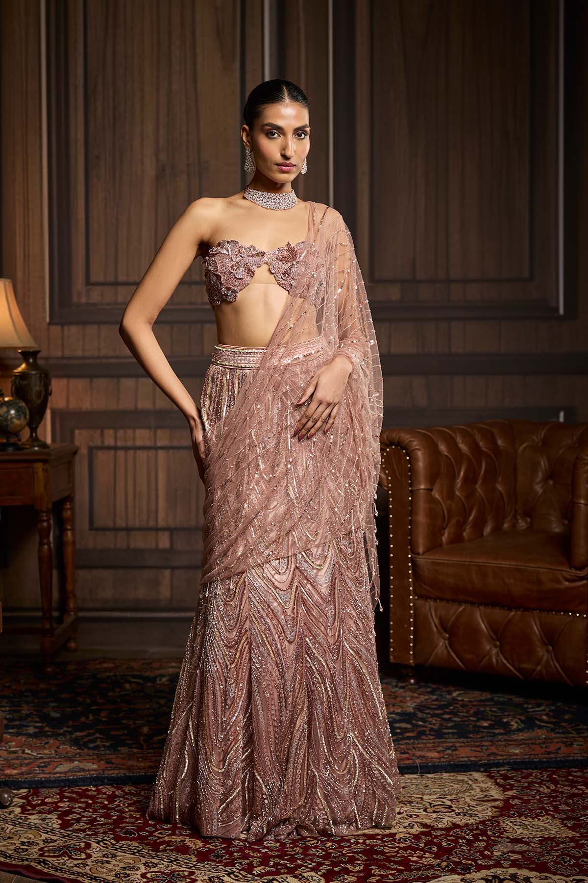 Blush Pink Embellished Pre-Draped Skirt Saree Set