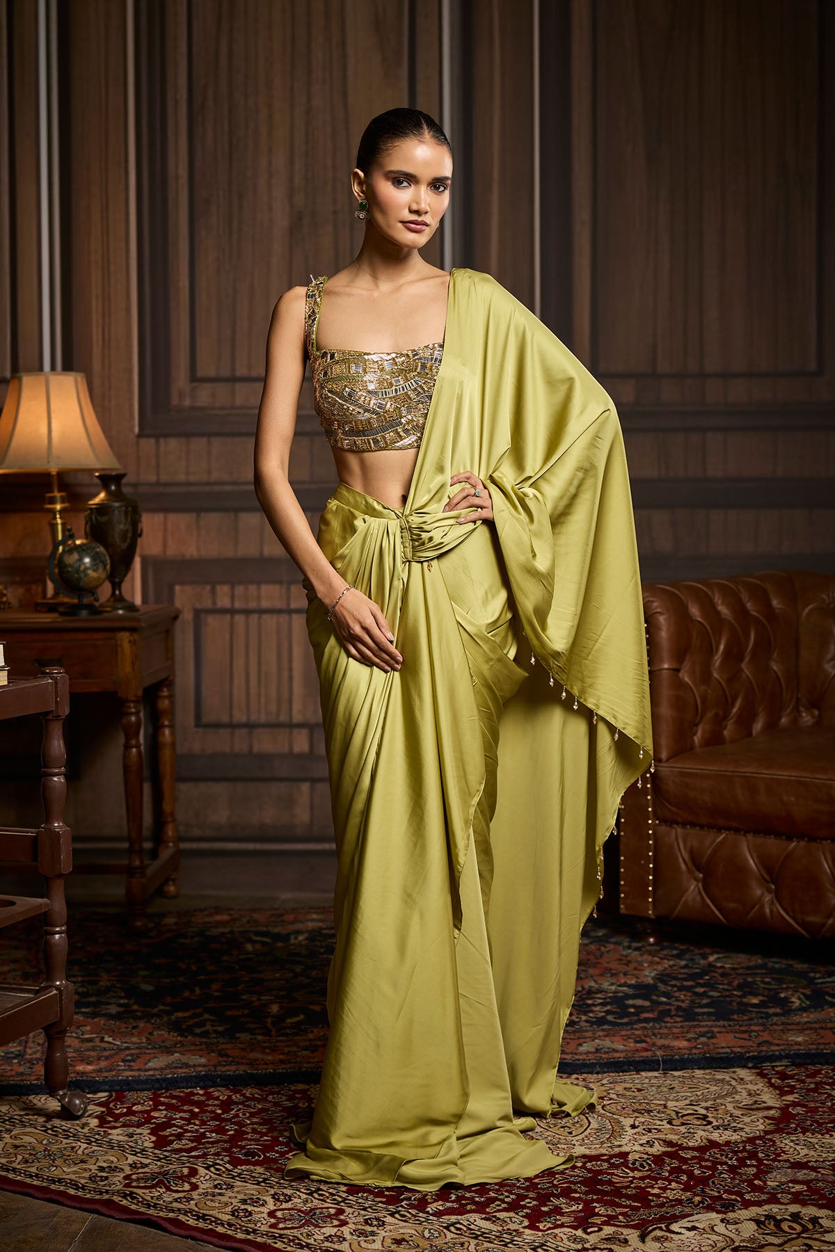 Pear Green Embroidered Blouse And Pre Draped Saree Set
