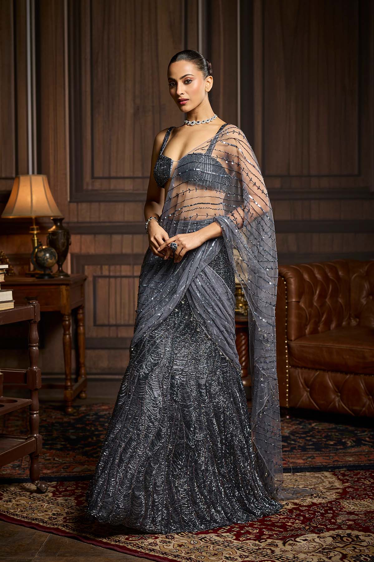 Gunmetal Embellished Pre-Draped Skirt Saree Set